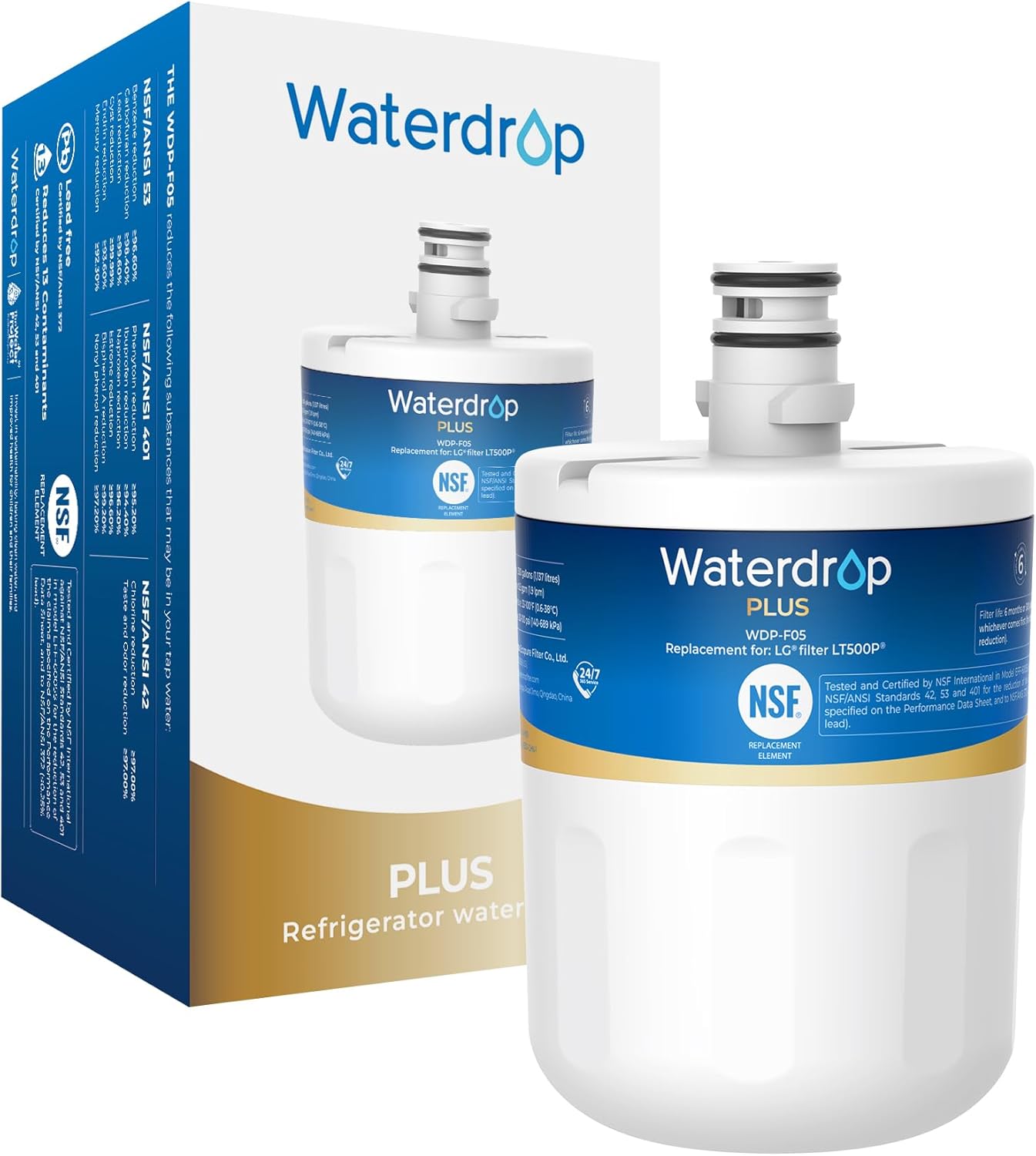 Waterdrop Plus 5231JA2002A NSF 401&53 Refrigerator Water Filter, Reduce PFAS, Replacement for LG® LT500P®, ADQ72910911, ADQ72910901, Kenmore 9890, GEN11042FR-08 (Package May Vary)