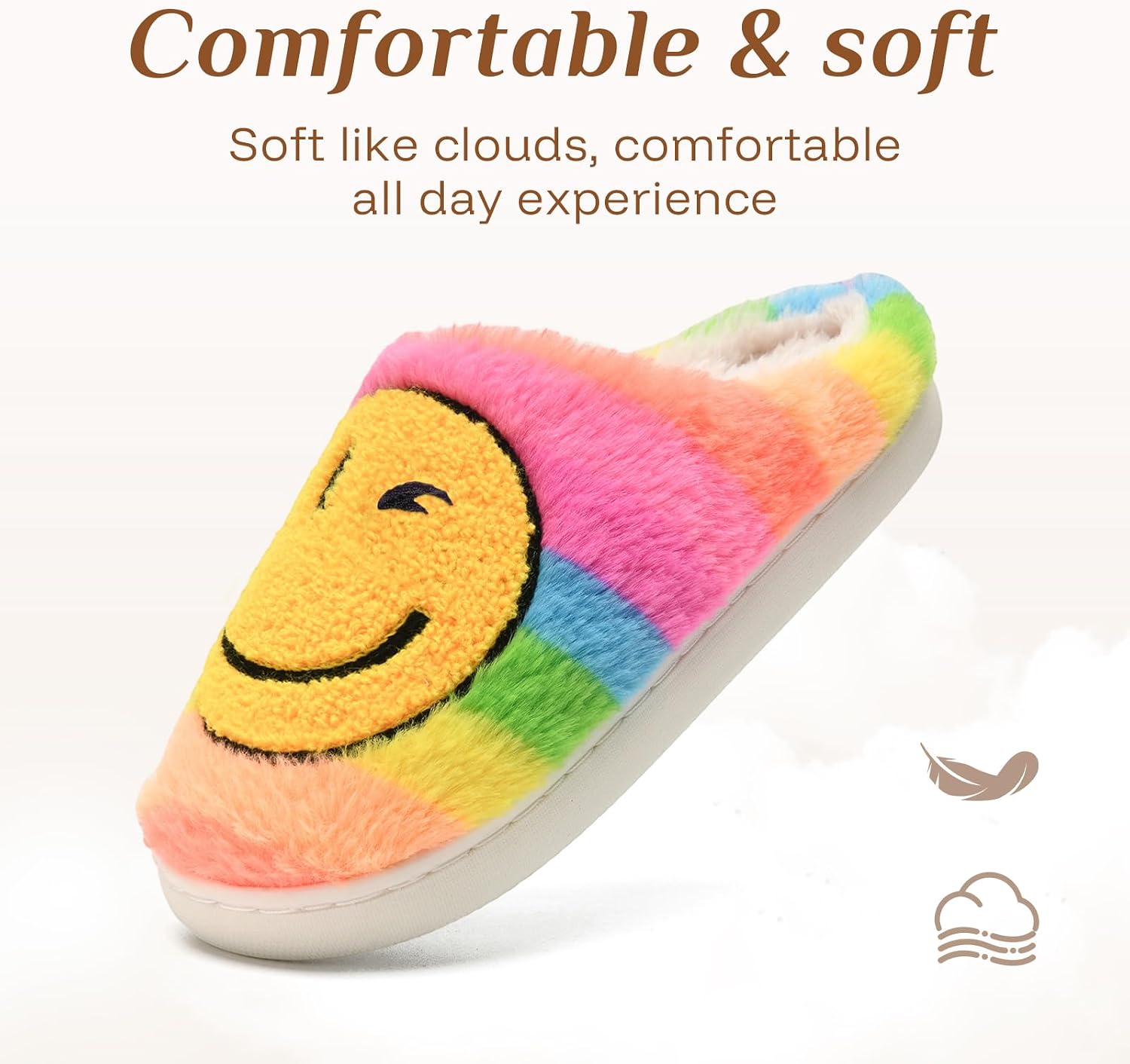 COVS Cute Kids Face Slippers for Girls Boys Soft Plush Happy Face Slippers Non-Slip Rainbow Little Kids Warm House Slippers Size 10.5-11.5