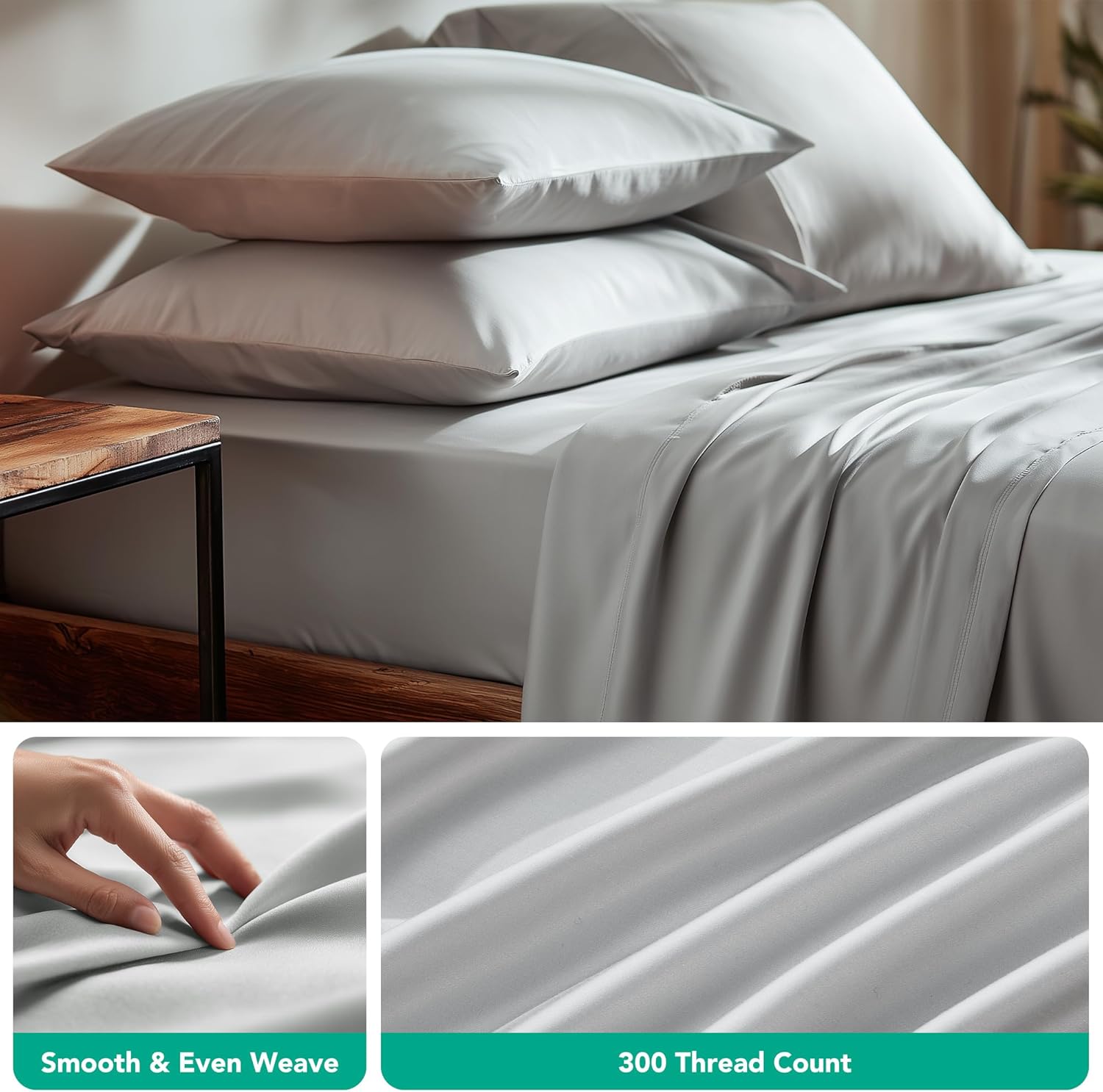 Deconovo 100% Viscose Derived from Bamboo Cooling Sheet Set (4-Piece), Moisture-Wicking, 16" Deep Pocket Fitted Sheet, Envelope Pillowcases, Easy Care, Oeko-TEX Standard 100-(King，Light Gray)