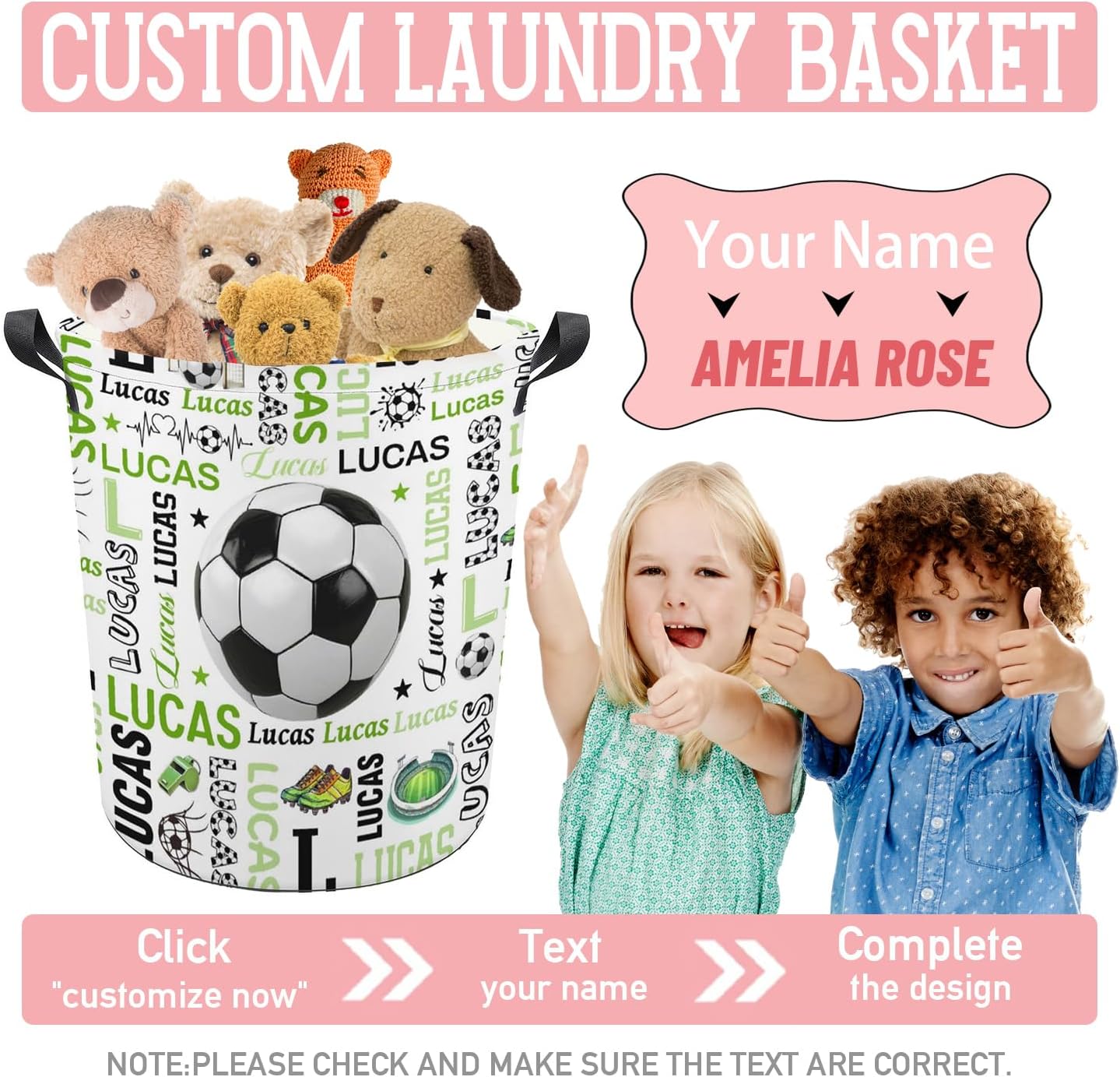 Soccer Laundry Basket,Custom Laundry Hamper with Name,Personalized Soccer Gifts for Boys Girls,Customize Collapsible Laundry Basket for Bedroom Bathroom,S-16.5"x 13.8"