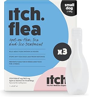 Itch | Small Dog Flea & Tick Treatment Spot-On Solution | Dogs 2kg-10kg | Kills Fleas, Lice, Ticks, Eggs and Larvae | With Fipronil and S-methoprene | 3 Pipettes