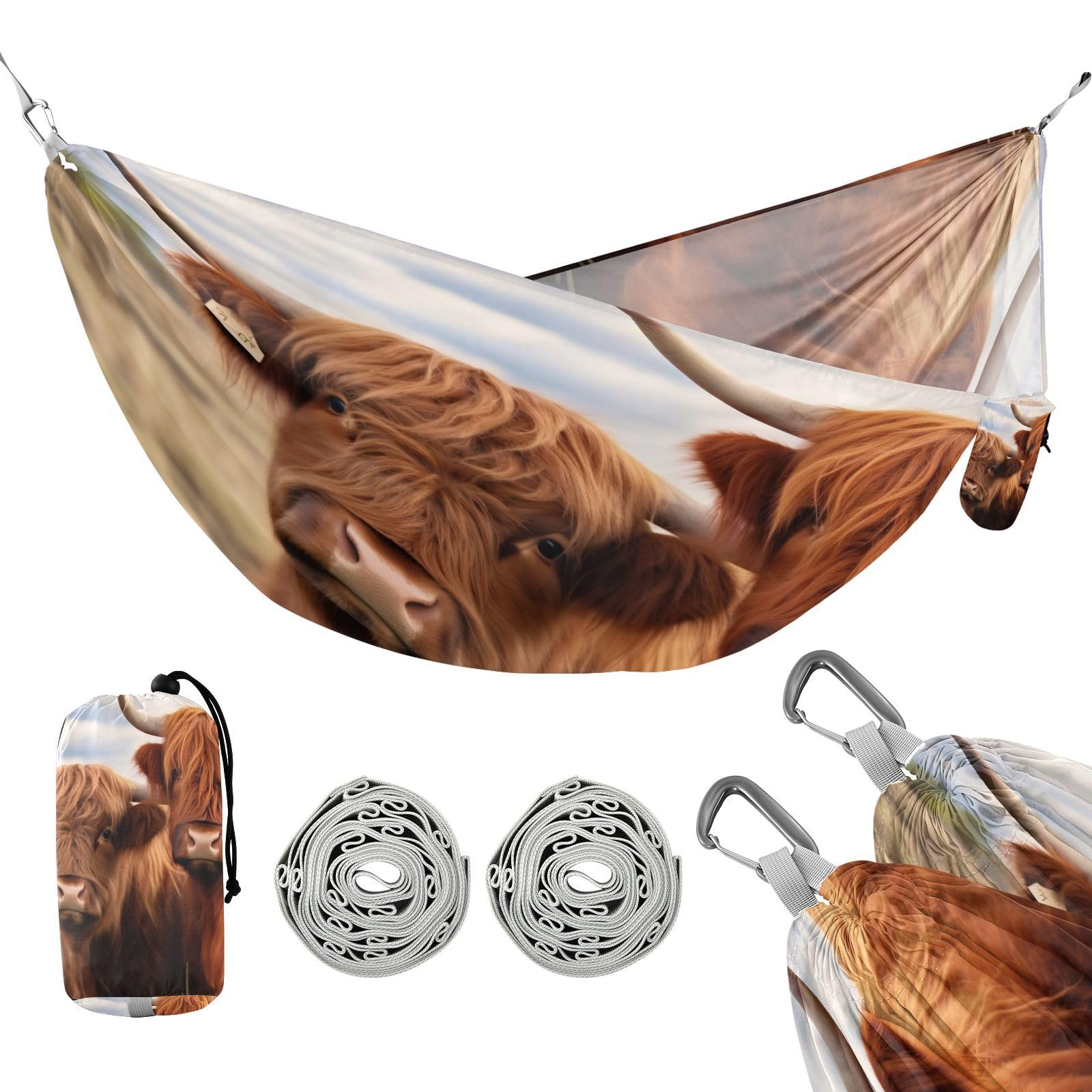 Haskirky Highland Cows Camping Hammock, Single Portable Hammocks with Tree Straps & Attached Carry Bag, 330Lbs Capacity Perfect for Outside Indoor Hiking Beach Backpack Travel