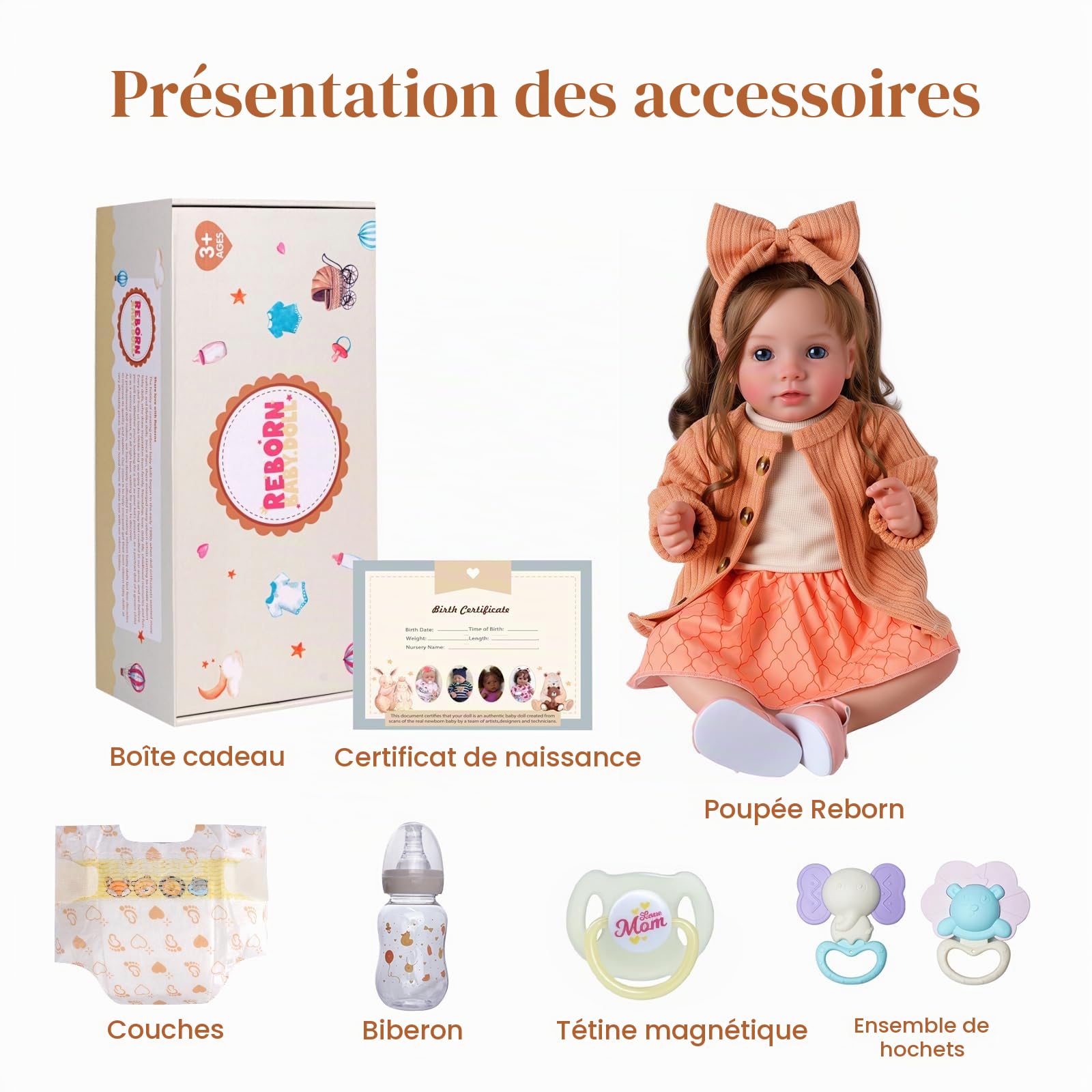 BABESIDE Poupée Bébé Reborn 50 cm Fille Cheveux Bruns