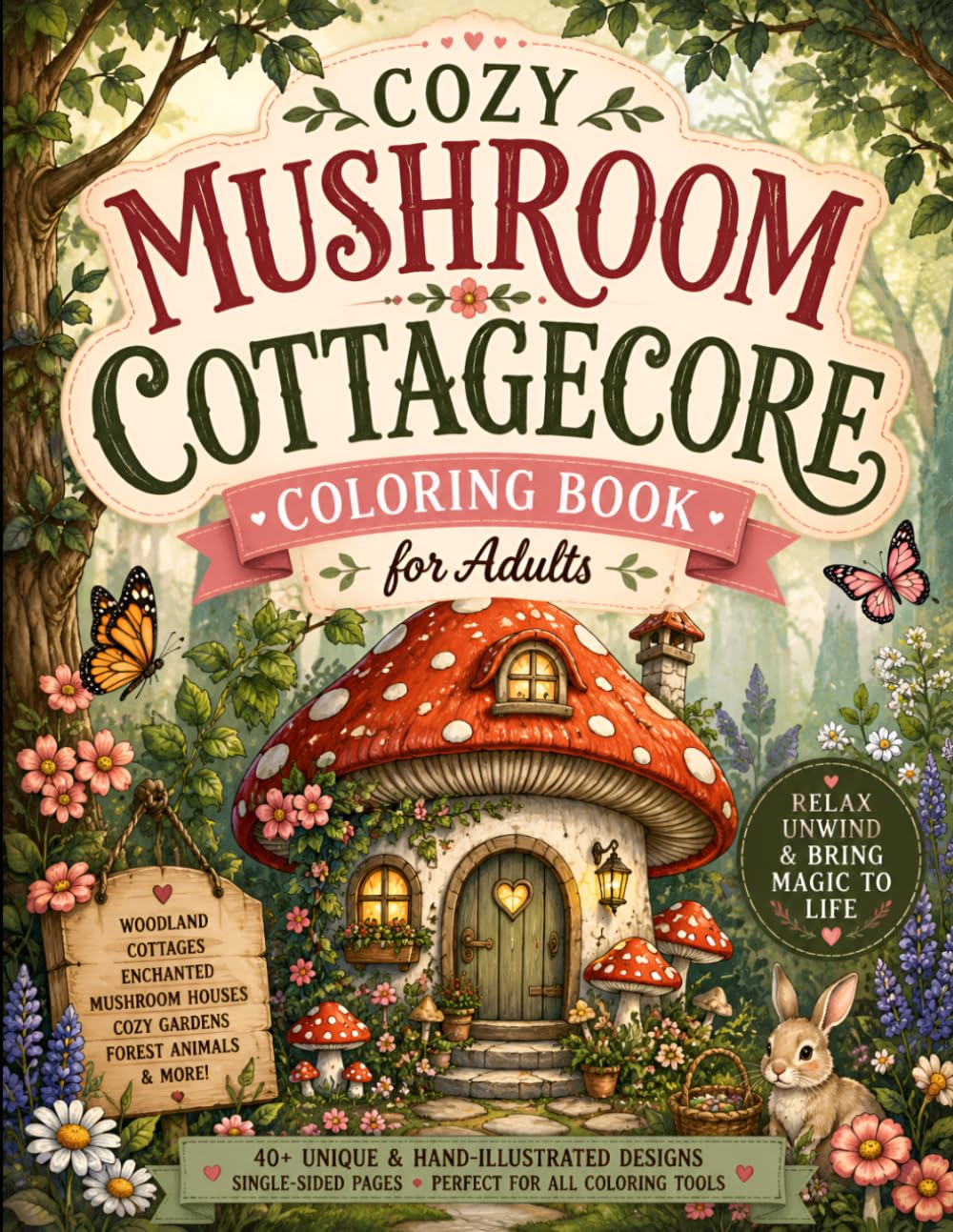 Cozy Mushroom Cottagecore Coloring Book for Adults: Relaxing Woodland Cottages, Enchanted Mushroom Houses, Cozy Gardens, Forest Animals & Stress Relief Coloring Pages