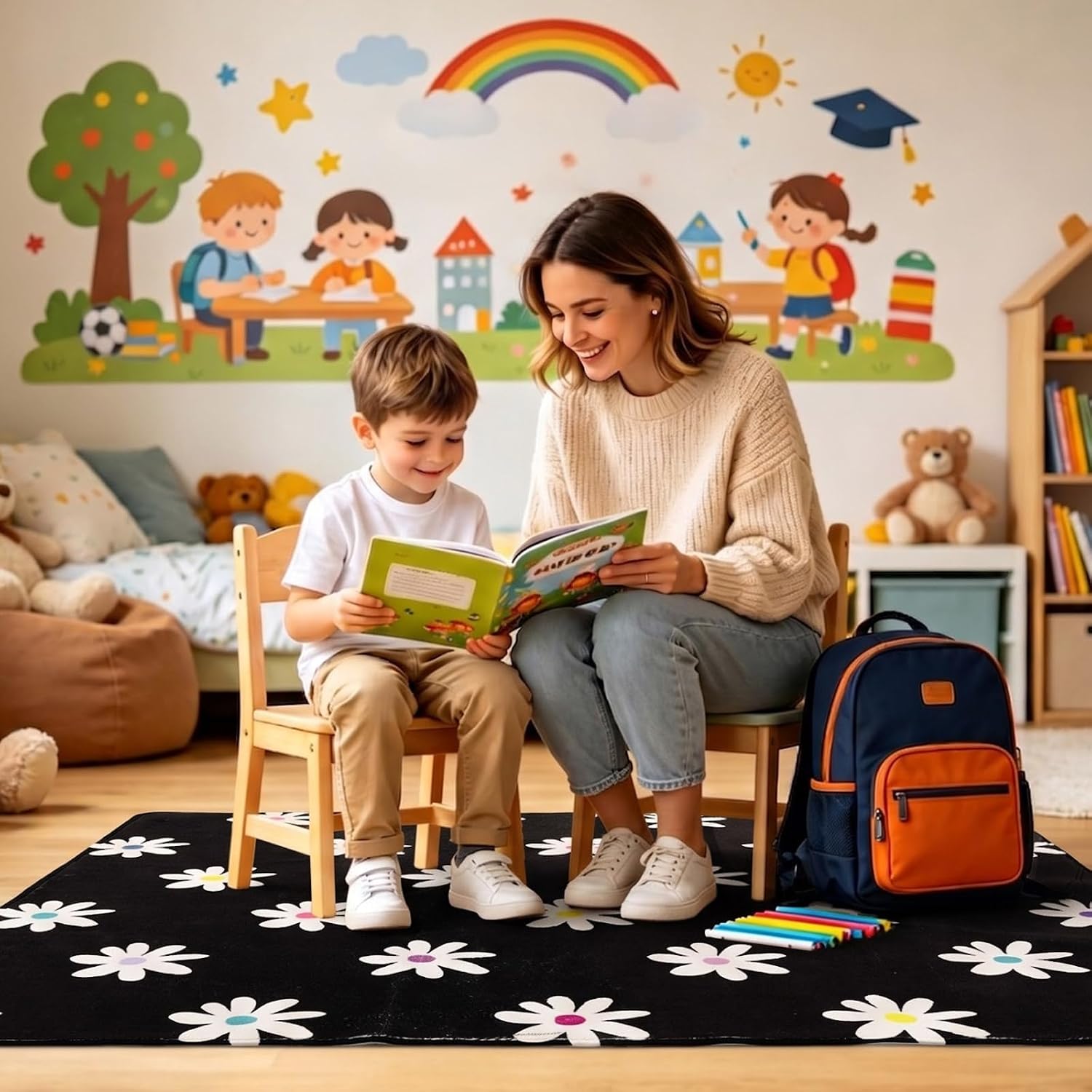 3.3x4 ft Daisy Flower Classroom Rug Daisies on Black Play Carpet Educational Area Rug Daisies Black Play Mat Non-Slip Flower Floor Mat for Teaching Playroom Nursery Daycare Bedroom Home Decor