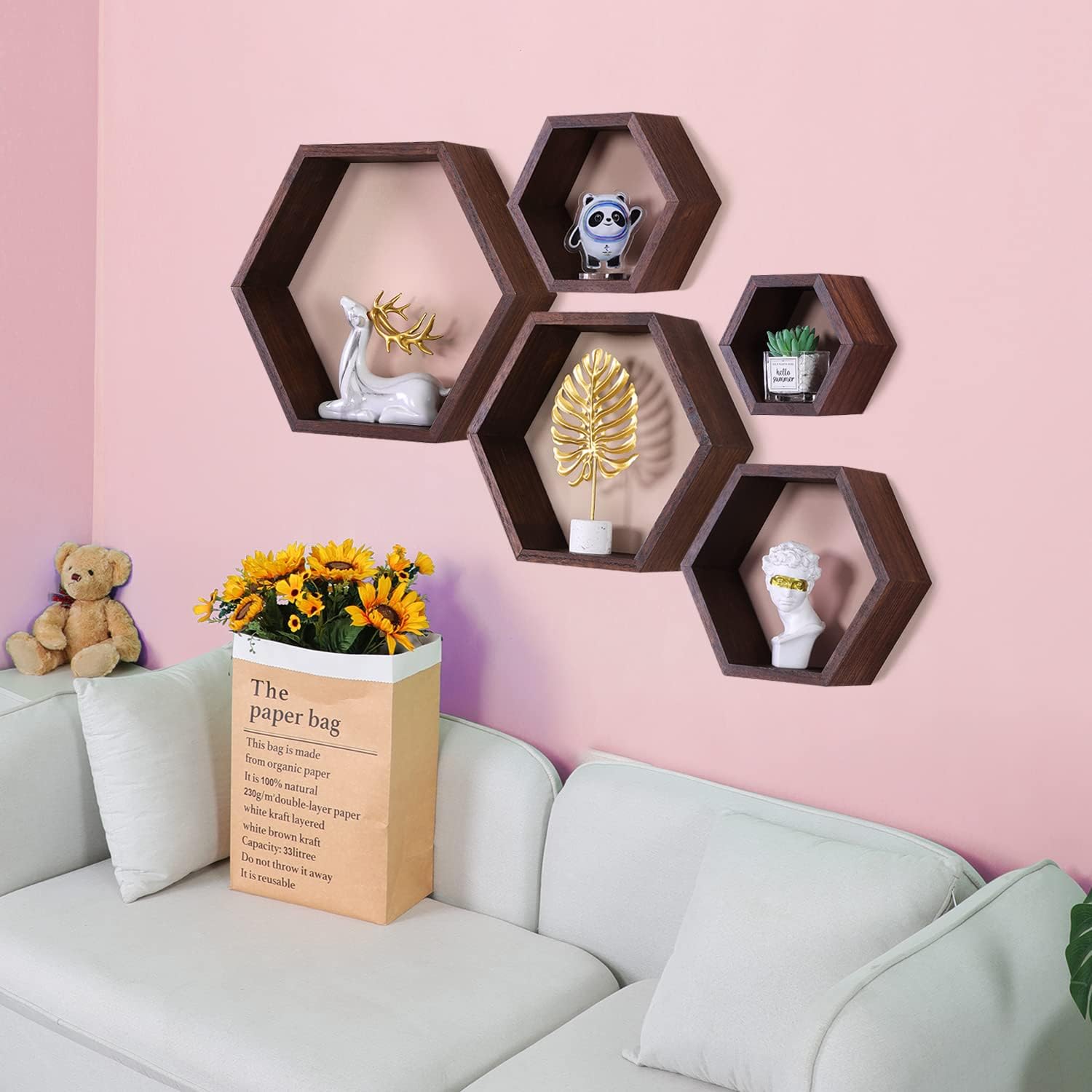 PHOENANCEE Hexagon Floating Shelves,Wall Mounted Wood Farmhouse Storage Honeycomb Wall Shelf Set of 5,for Bathroom, Kitchen, Bedroom, Living Room,Office,Driftwood Finish (Walnut)