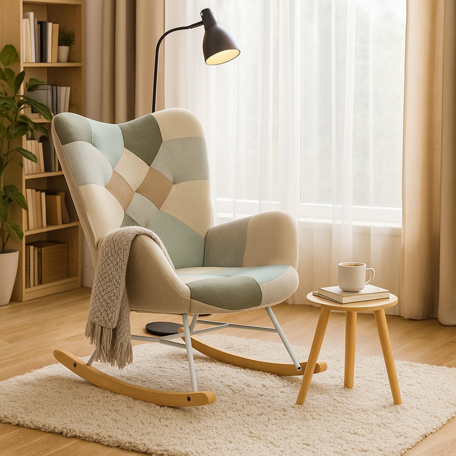 MEUBLE COSY Poltrona Relax, Sedia a Dondolo Confortevole in Tessuto Patchwork con Gambe in Legno e Metallo per Soggiorno, Decorazione con Bottoni