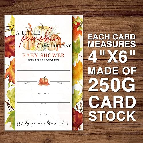 Miniatura 10 de JY023 - Invitaciones para baby shower de otoño con diseño de calabaza dulce está en camino, hojas de otoño, tema de otoño, paquete de 20 tarjetas de