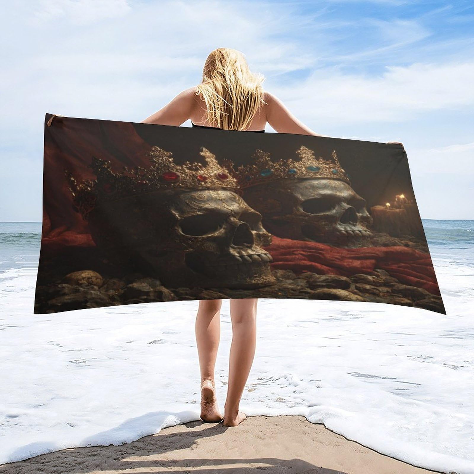 Luyysky Beautiful Gothic King Queen Crown Quick-Drying Beach Towel, Rustic Realistic Skull Skeleton Couple Crystal Crown Travel Vacation Single Sided Pile Bathroom Towels-80 W Cm X 160" L Cm