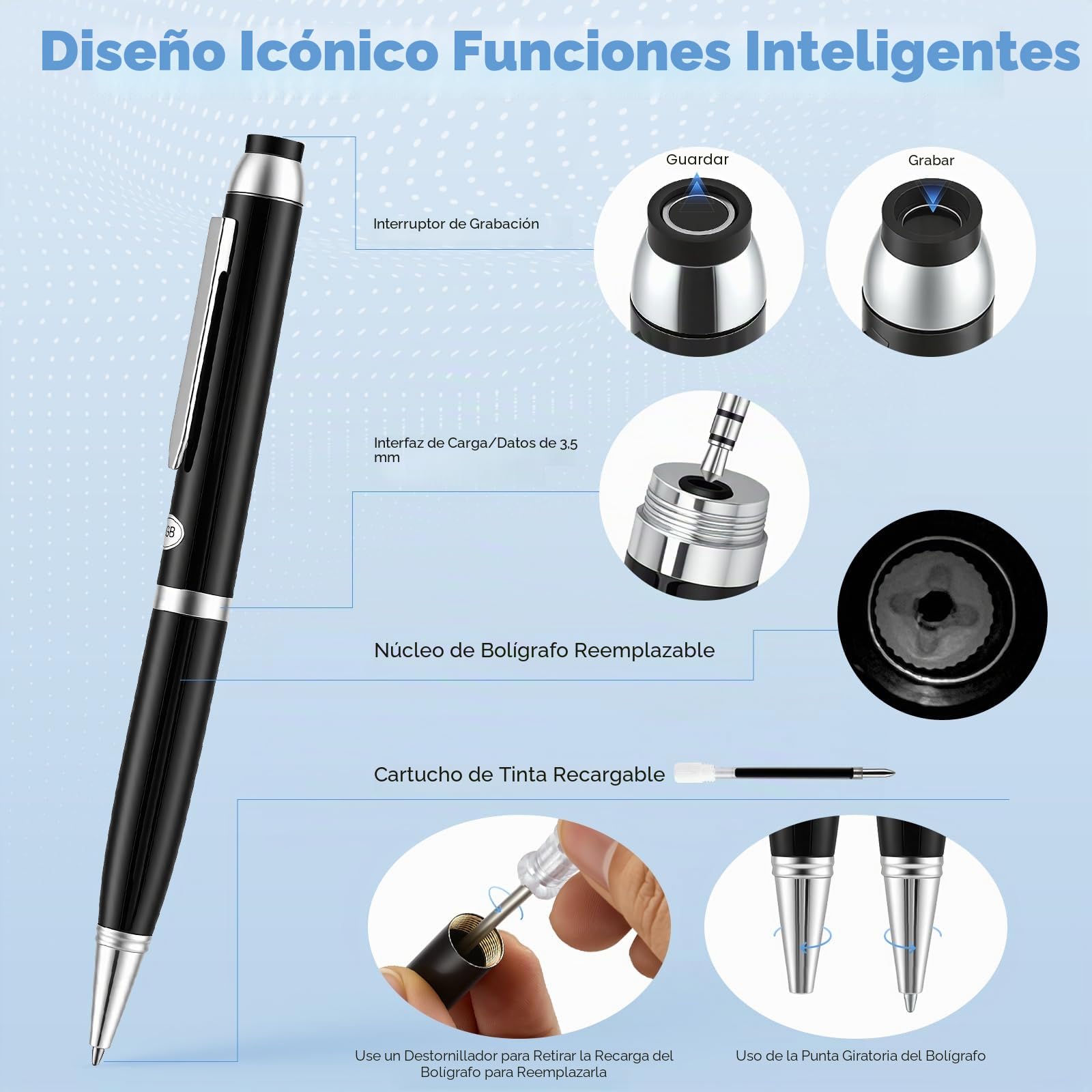 Grabadora de voz con transcripción en tiempo real y traducción - Lápiz de grabación de voz con micrófono de 360°, batería de 10h, 64 GB + nube, control de aplicación, un toque para reuniones