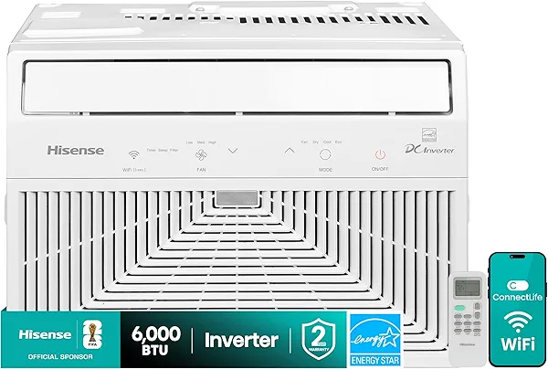 Hisense 6,000 BTU Smart Inverter Window Air Conditioner, 3 modes (Cooling, Fan, Dehumidifier), Easy Installation,Ultra Quiet, 24.5% more Energy Saving, 2 Years Warranty