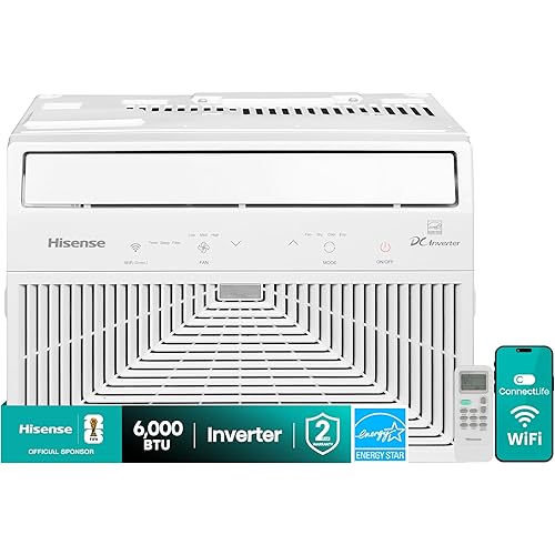 Hisense 6,000 BTU Smart Inverter Window Air Conditioner, 3 modes (Cooling, Fan, Dehumidifier), Easy Installation,Ultra Quiet, 24.5% more Energy Saving, 2 Years Warranty