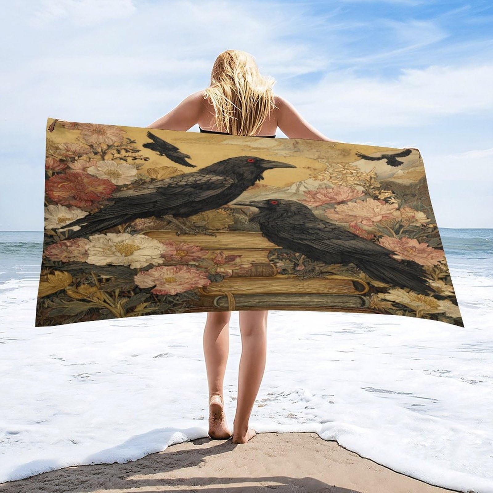 Luyysky Vintage Classic Animal Raven Quick-Drying Beach Towel, Retro Oil Painting Gothic Wildlife Crow Plant Daisies Flowers Books Travel Vacation Single Sided Pile Bathroom Towels-80"W Cm X 160"L Cm