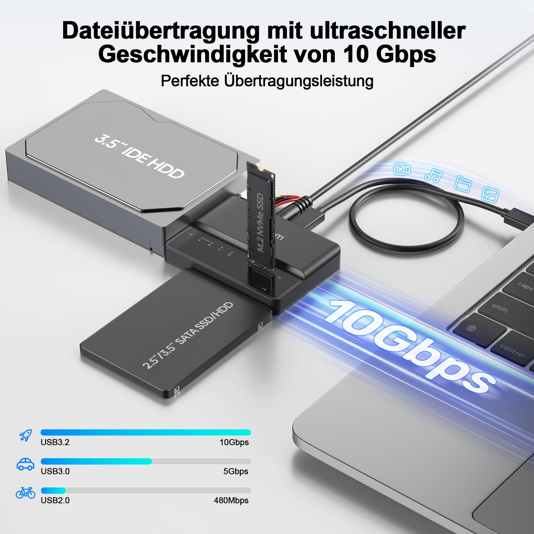 Alxum IDE SATA USB Adapter, USB 3.0 Festplatten Adapter mit Netzschalter für 2.5/3.5 Zoll SATA HDD & SSD M Key Festplatten Dockingstation, mit 12V/2A Netzteil und USB C Kabel