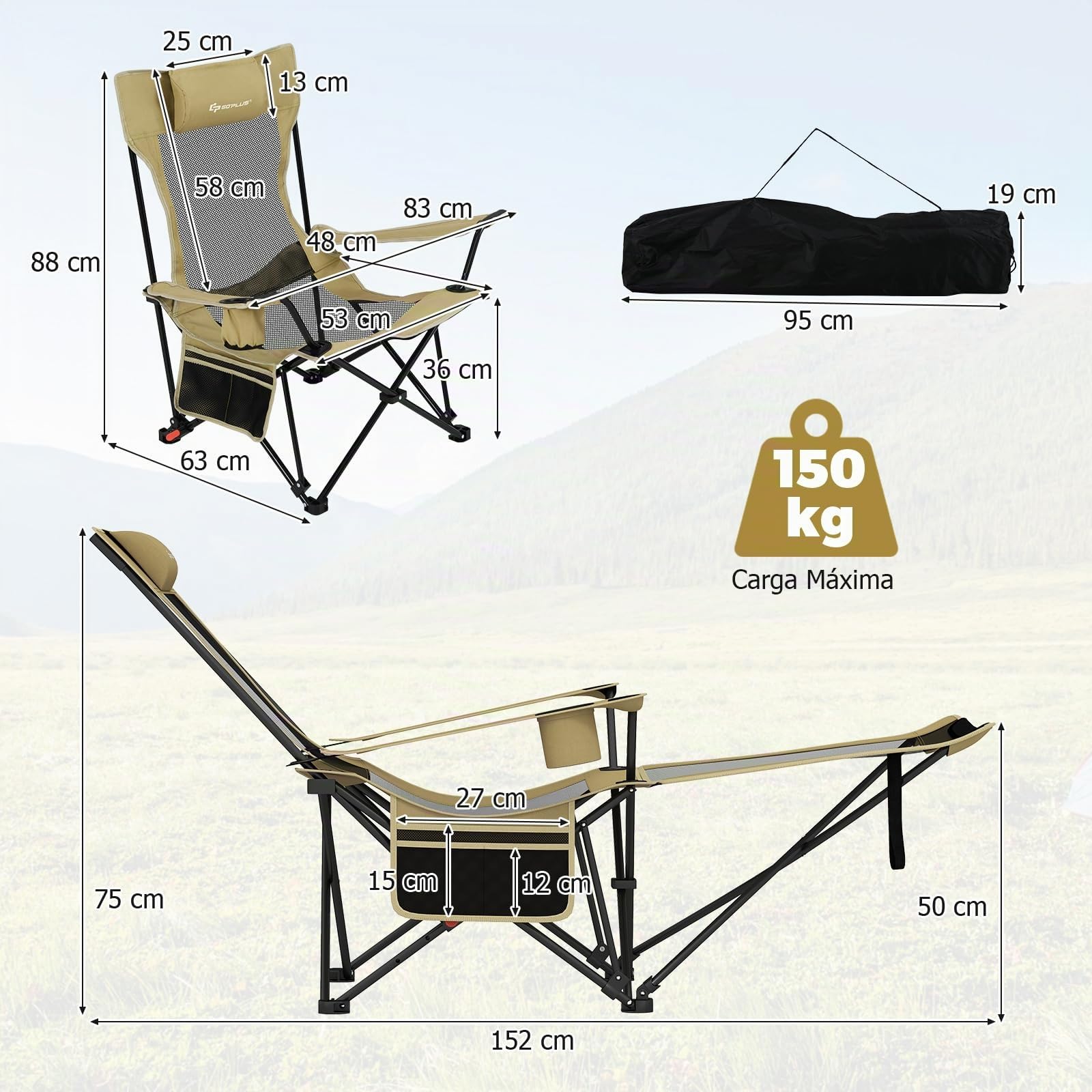 GOPLUS Silla Camping Ligera, 150 kg, Sillas Playa Reclinable de 4 Posisiones con Reposapiés Extraíble y Ajustable, Portavasos, Malla Transpirable y Bolsa de Transporte, Chair de Paseo para Jardín