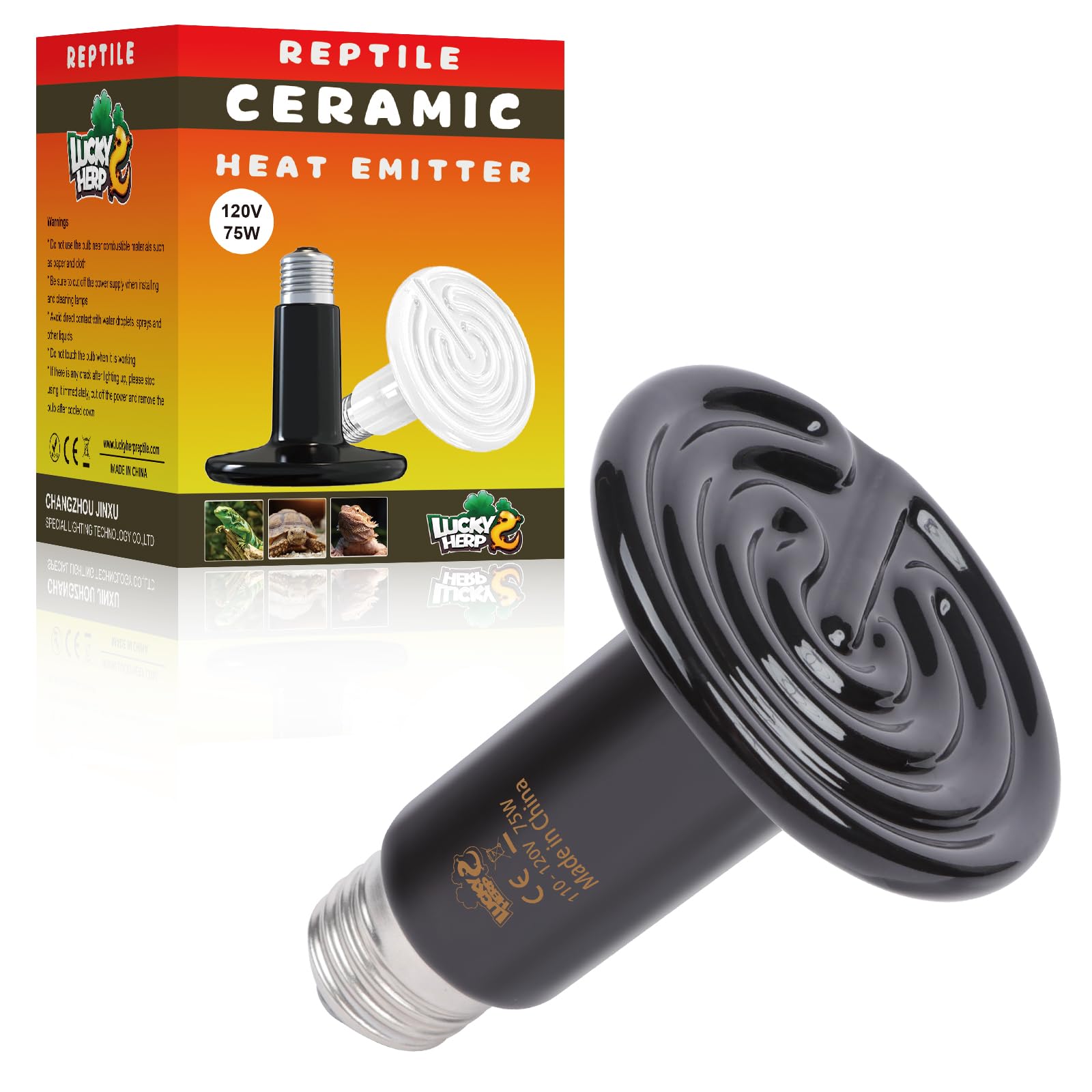 LUCKY HERP Reptile Heat Lamp - 75W Ceramic Heat Emitter Reptile Heat Lamp Bulbs (1 Pack), No Light Ceramic Heat Bulb, Heat Lamp for Reptiles Amphibian Chicken Pet Brooder Coop Lizard Turtle