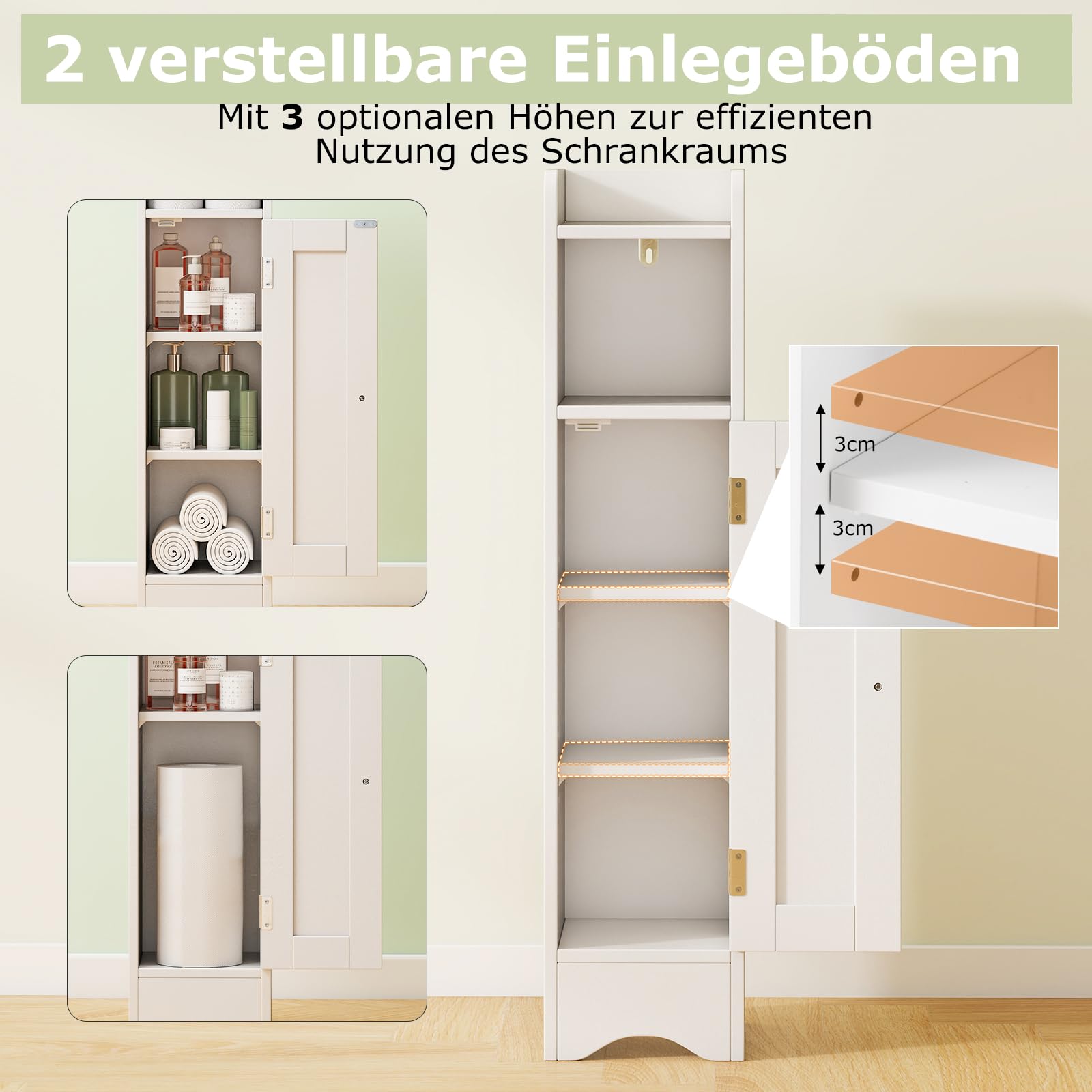 COSTWAY Szafka toaletowa, wąska, szafka łazienkowa z otwartą półką, drewniany regał łazienkowy z 2 regulowanymi półkami, szafka do przechowywania 18 x 19,5 x 80 cm (biała)