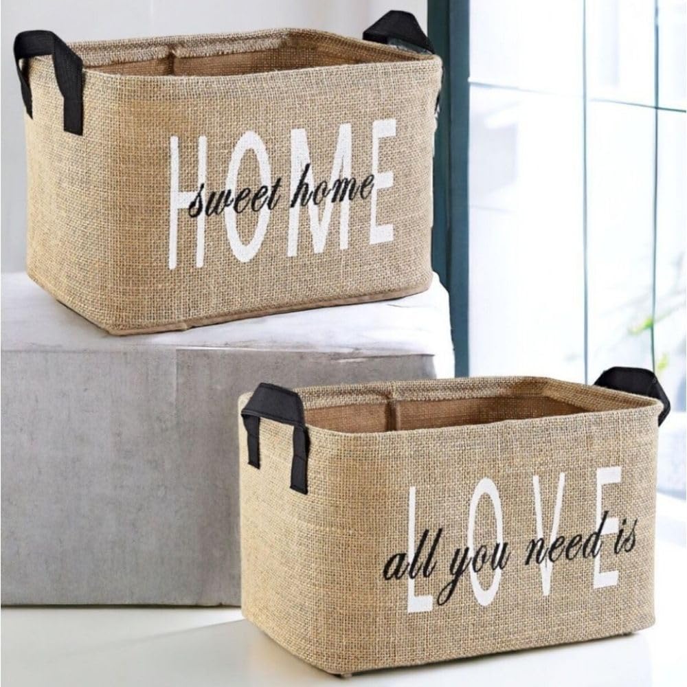 Prendi Home Lot de 2 paniers de rangement pliables en toile de jute avec poignées – Organisateur pour chambre d’enfant, linge, jouets et penderie – Éco-responsable et compact