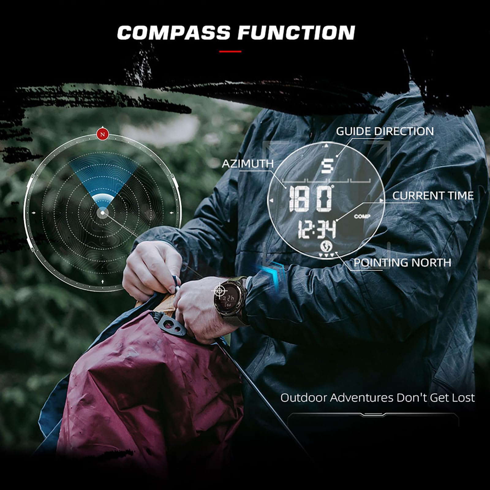 Montre militaire numérique pour homme - Boussole - Podomètre sans application et téléphone portable - Compteur de calories - Montre numérique - Montre tactique militaire - Étanche jusqu'à 5 ATM -