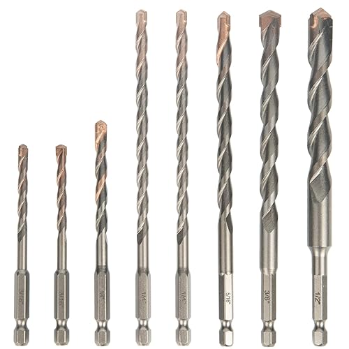 Juego de brocas para mampostería, juego de 8 brocas de hormigón de 316 a 12 pulgadas para ladrillo de cemento y piedra, con vástago hexagonal de 14