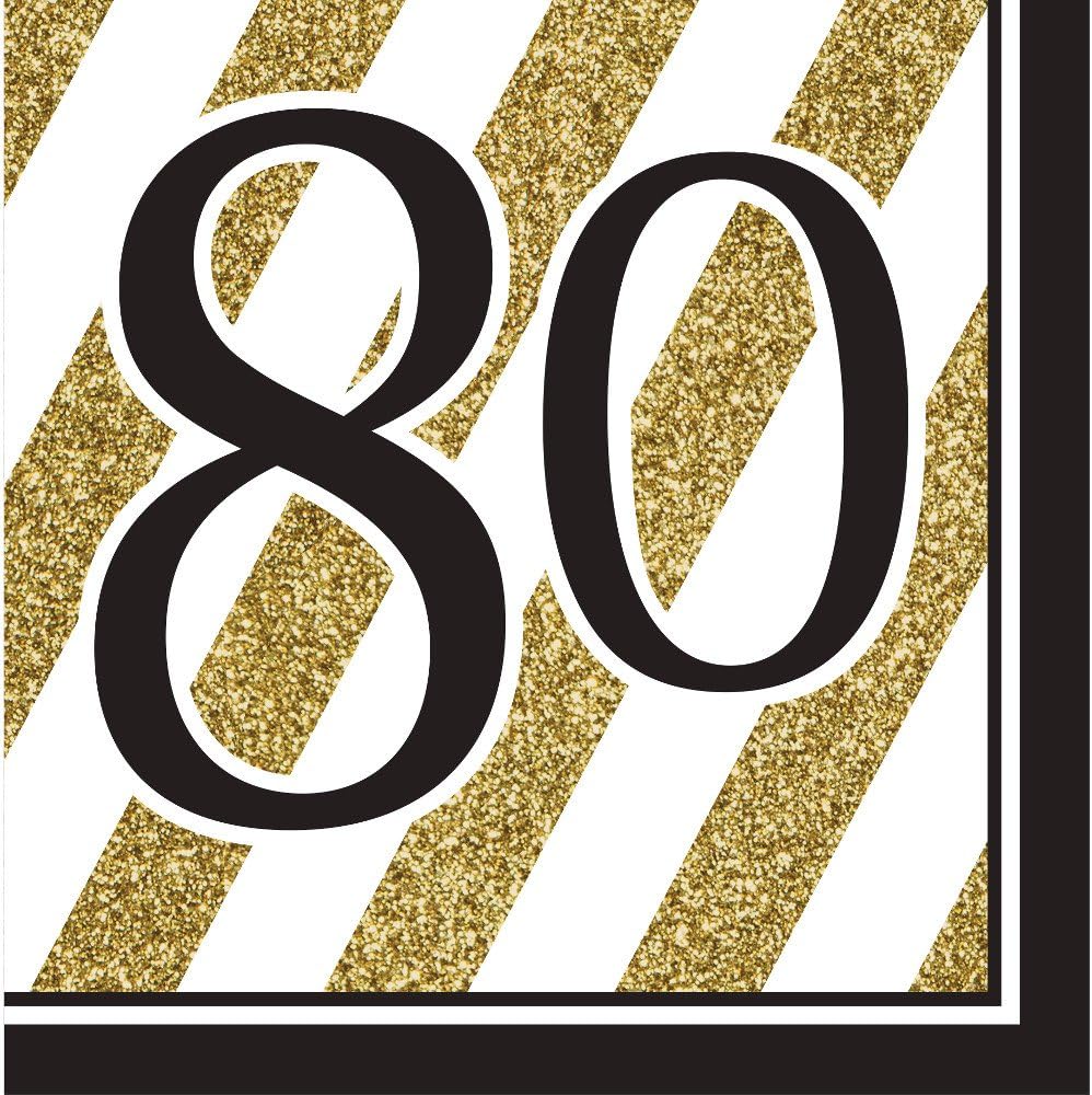 Pack of 192 Gold and White Striped with Black"80" and Border 2-Ply Party Lunch Napkins