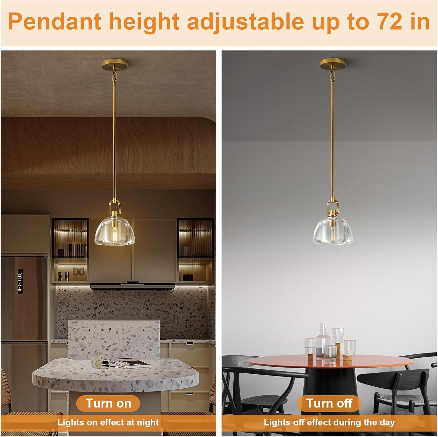 Pendant Light Fixture, 7" Glass Modern Brass Pendant Lights Kitchen Island, Hanging Glass Dome Pendant, Gold Kitchen Pendant Lighting Over Island,E12 Bulb Included, 2PCS