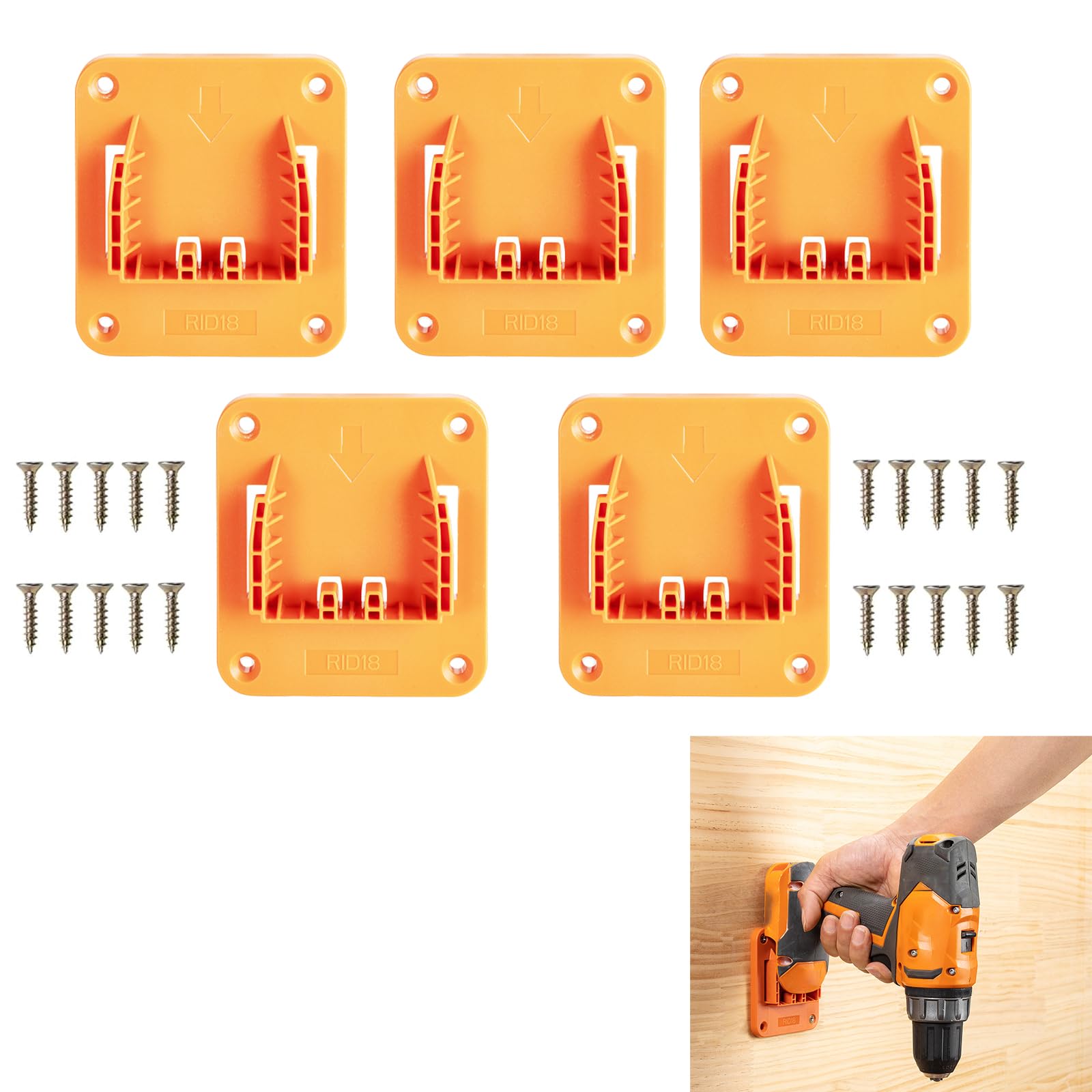 5 Pack Tools Drill Mount Holder Fit for Ridgid 18V Tool Hanger Power Tool Storage, Tool Storage Organizer for Work Van, Shelf, Toolbox (20 Screws)