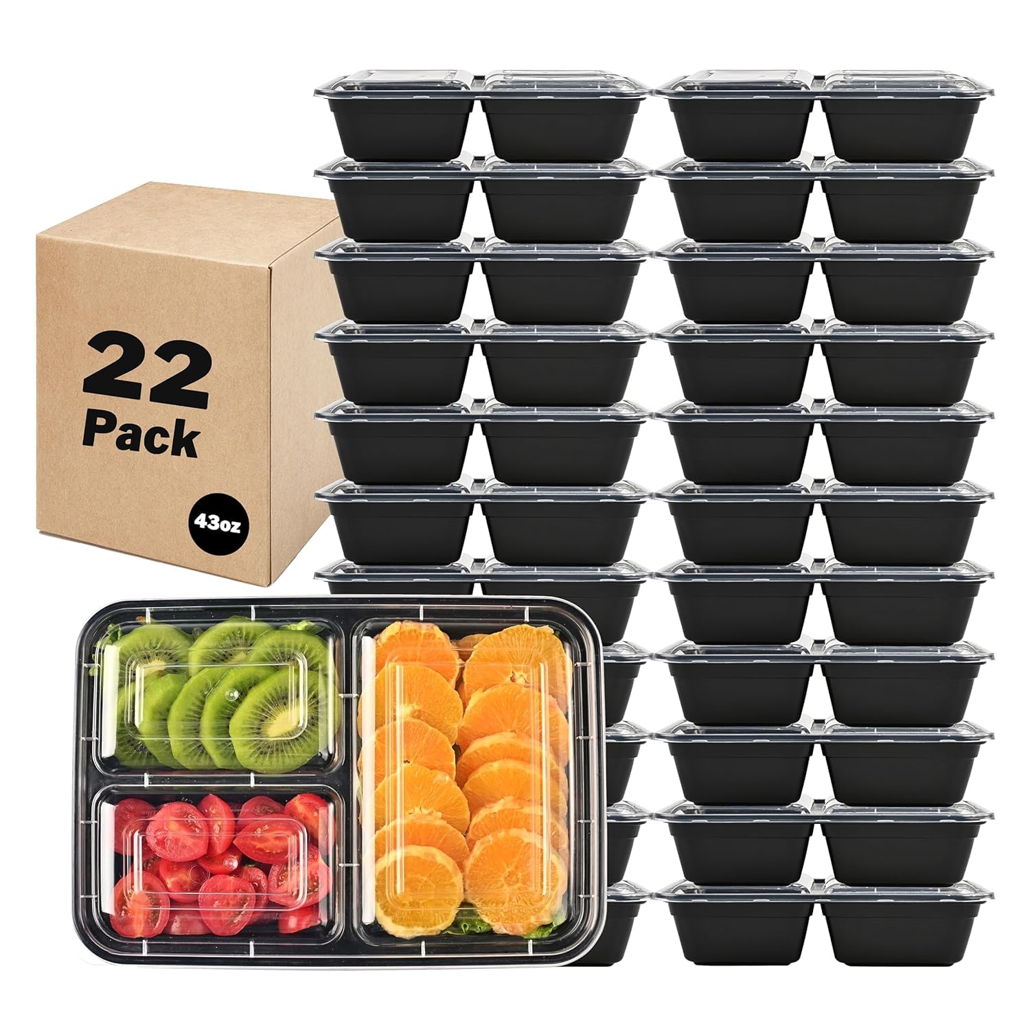 LOKATSE HOME 22 Pack 3 Compartment Meal Prep Food Storage Containers with Lids Reusable Take Out Box, BPA Free, Stackable, Microwave/Dishwasher/Freezer Safe (43 oz)