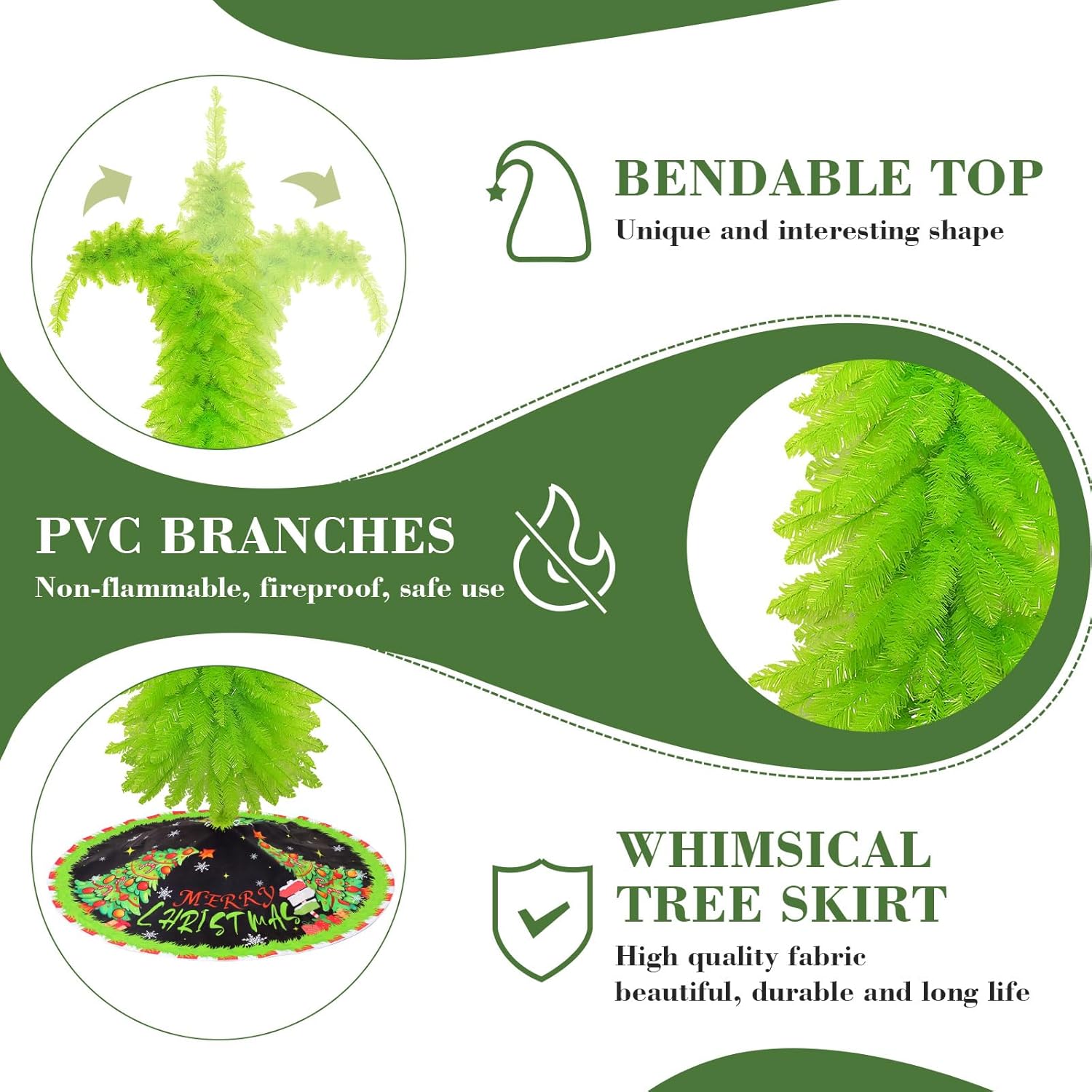 6 Ft Christmas Tree, Bendable Artificial Whimsical Christmas Tree for Indoor Christmas Party Decorations with Metal Stand, Tree Skirt for Holiday, Home, Office, Party