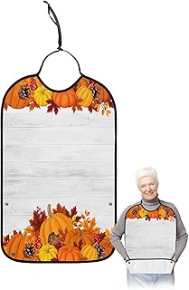BOBOWUNY Happy Thanksgiving Adult Bibs for Elder Women Men Eating, Autumn Pumpkin Leaves Wood Waterproof & Washable Bibs for Eating Clothing Protector Dining Bibs for Crumb Catcher
