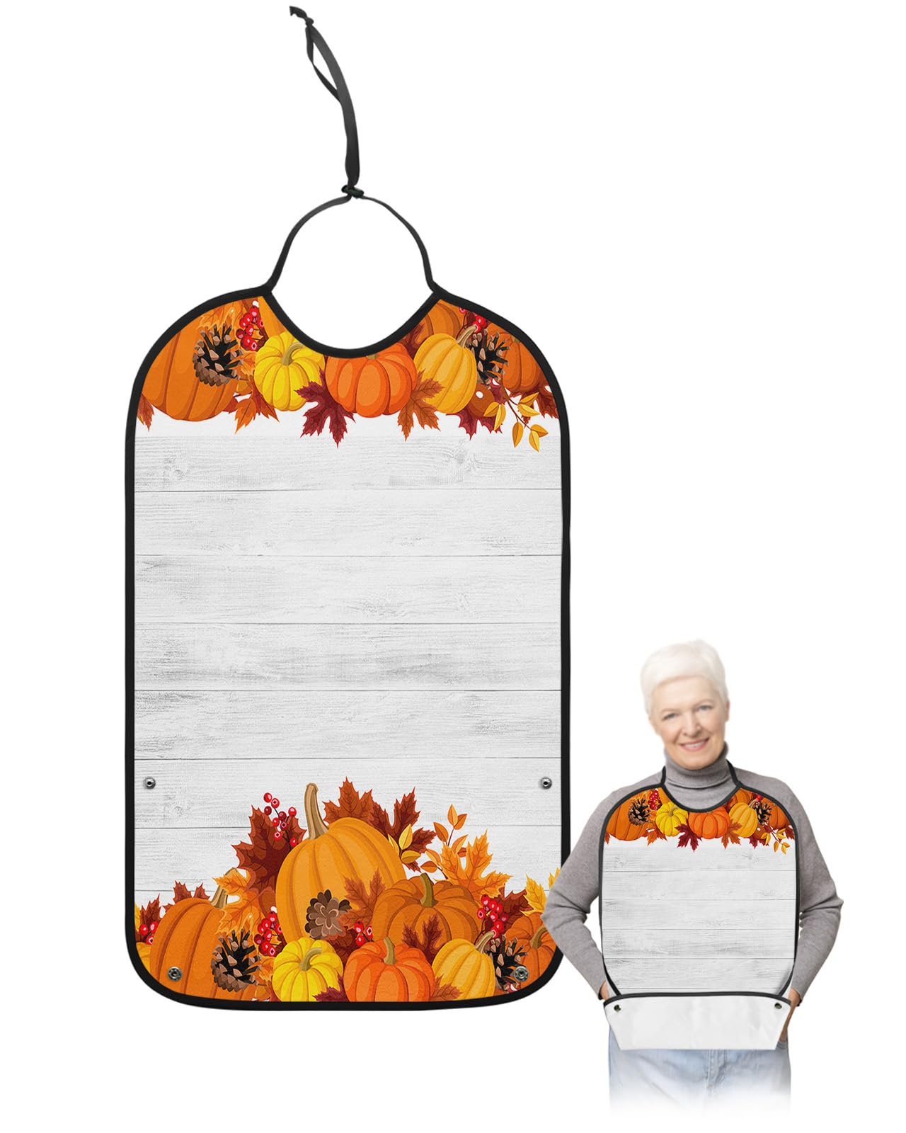 LEOKOTI Happy Thanksgiving Adult Bibs for Eating, Waterproof Bibs with Food Catcher & Adjustable Snap Closure, Autumn Pumpkin Leaves Wood Washable Clothing Protectors Adult Bibs for Elderly Women/Men