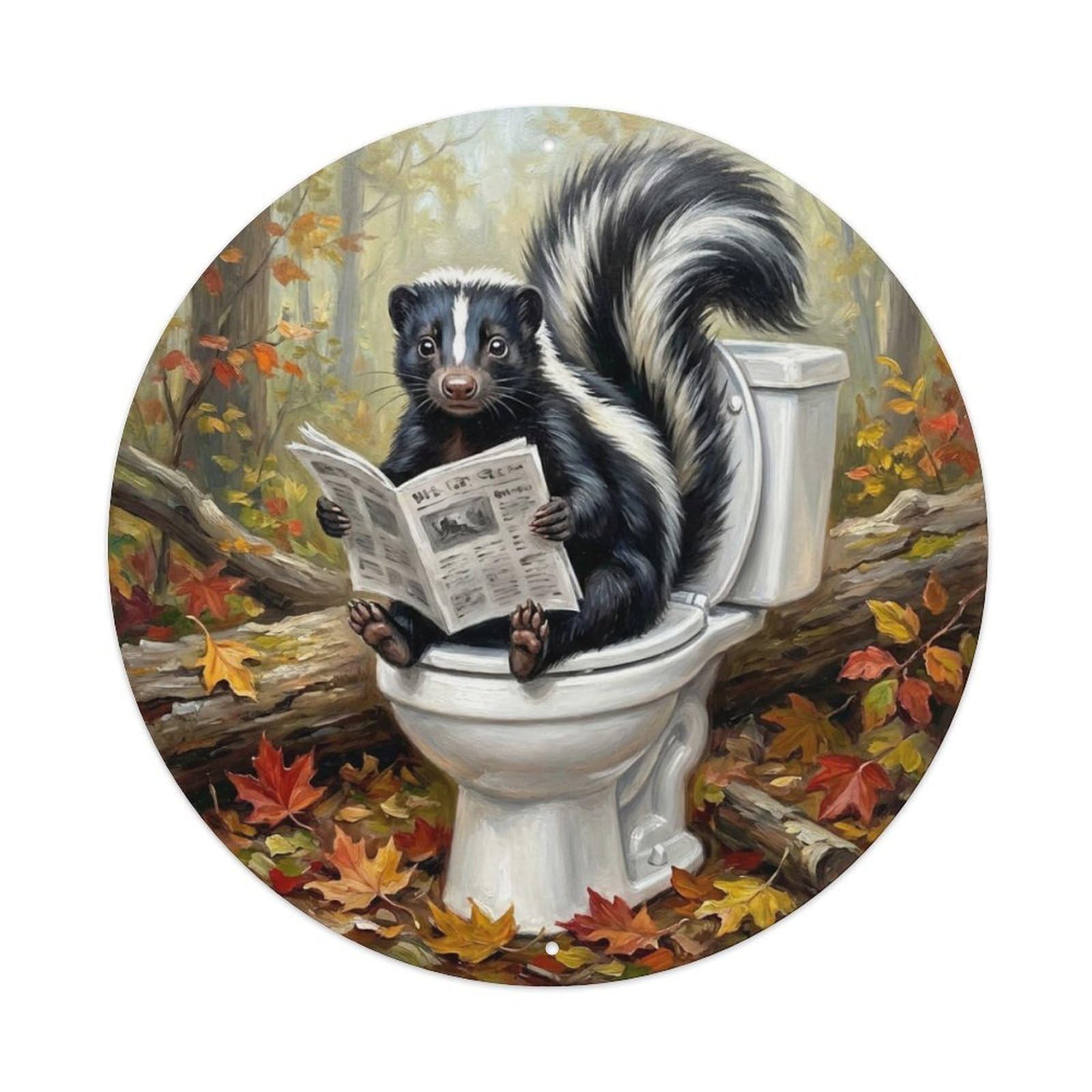 Skunk On Toilet Humorous Bathroom Forest Floor Reads Metal Tin Sign