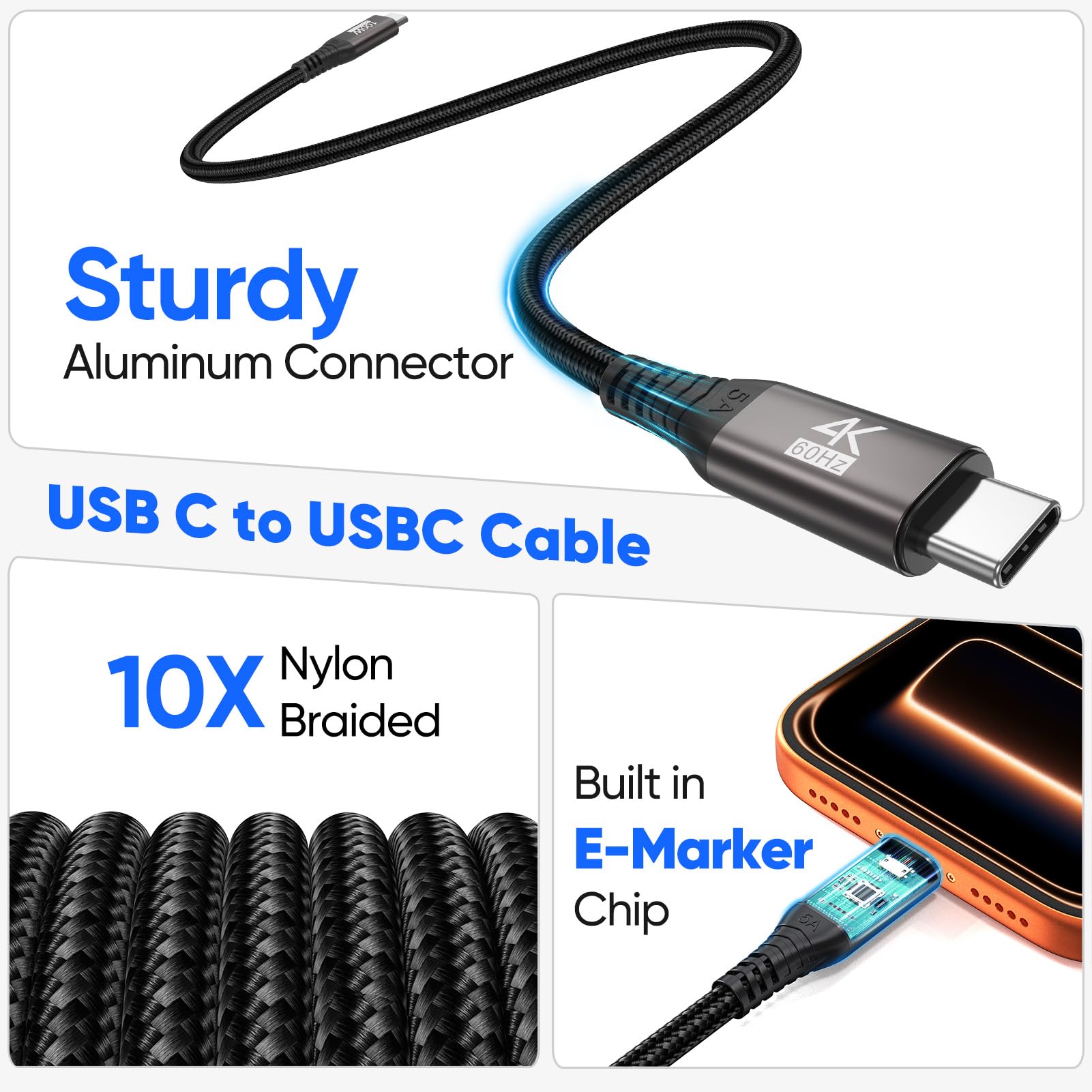 Cable USB C de 20 pies, cable USB 3.2 Gen 2 de 20 pies, cable USB C a C de carga rápida/monitor de video/datos (4K a 60Hz, 100W, 10Gbps) para USB C Hub VR, monitor portátil KYY/MNN, LG, DELL-6M