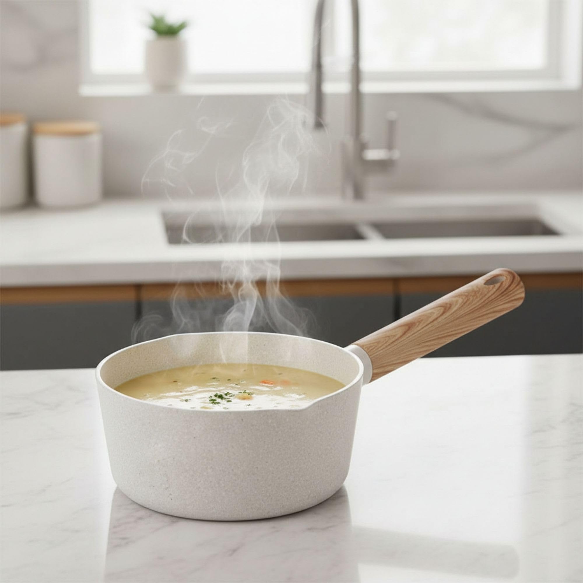 QUTTIN - Cazo Ecook 16 cm Antiadherente Cerámica PFAS Free, Aluminio Reciclado, Sin Tóxicos, Apto para Inducción Gas Vitro Eléctrico Halógeno, Mango Detalle en Madera