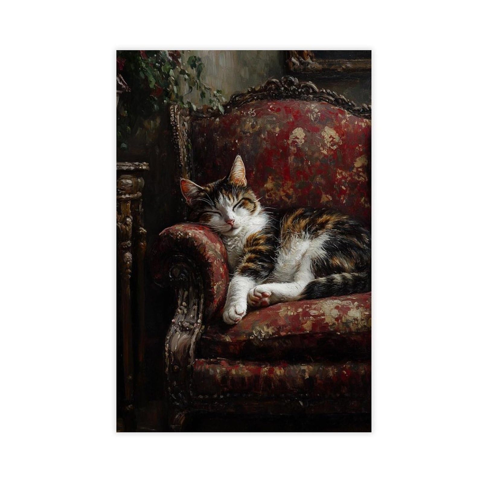 Bareronor Off-White Calico Cat On The Chair Canvas Poster Bedroom Decor Landscape Office Room Decor Gift 8" L X 12" W