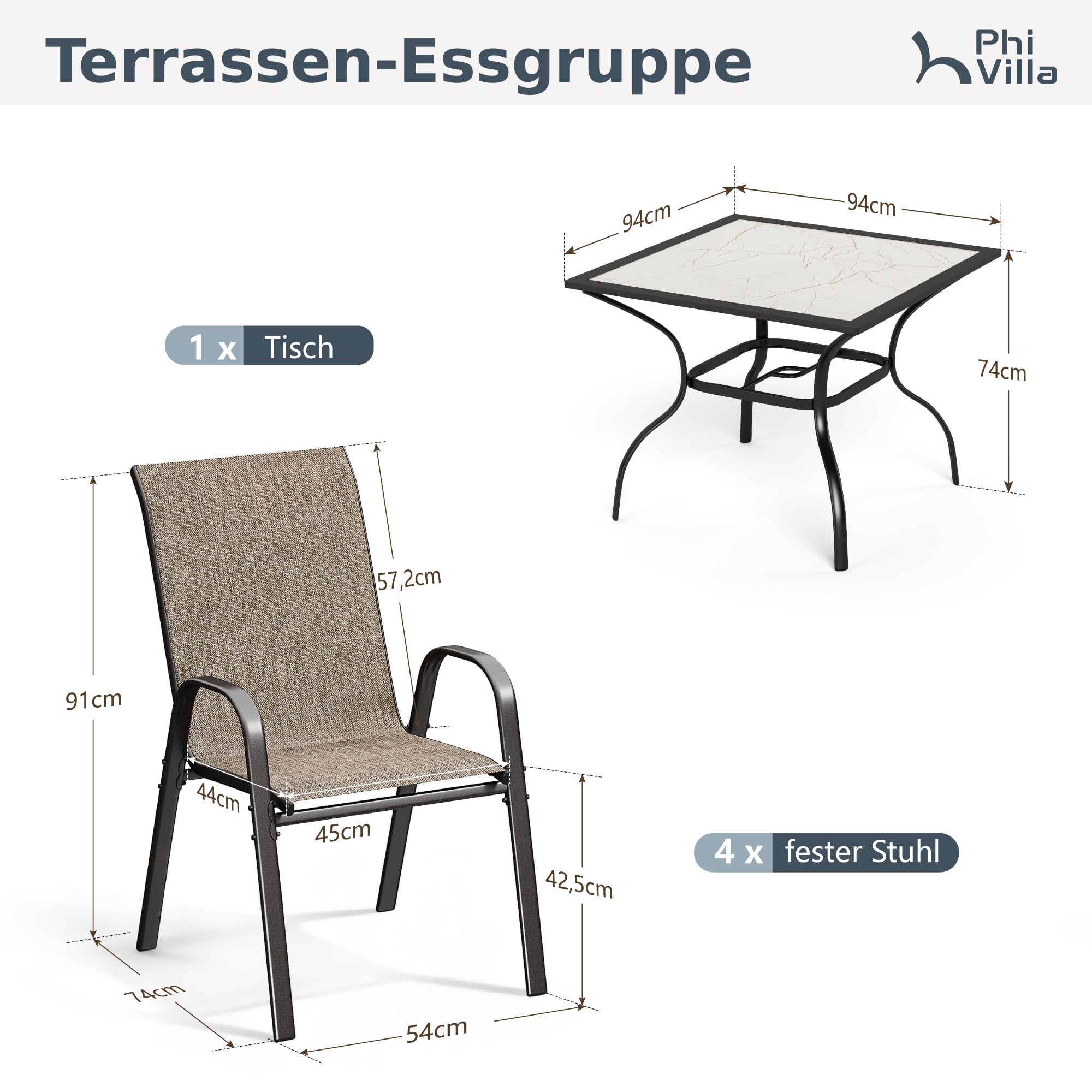 PHI VILLA 5-teiliges Gartenmöbel Set, Terrassenmöbel Outdoor mit 1 Quadratischem Marmoroptik Gartentisch und 4 Textilene Stapelstühlen, Wetterfest E-Beschichtung Metall Gartenset für Hinterhof Veranda