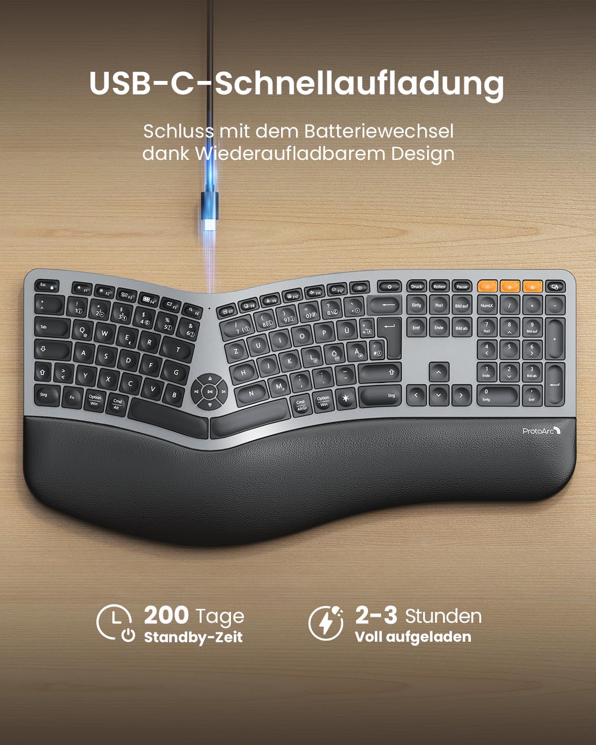 ProtoArc EK01 Plus Beleuchtet Ergonomische Tastatur Kabellos, Full Size | Split Wireless Keyboard mit Handballenauflage, Bluetooth und USB, Wiederaufladbar, für Windows/Mac/Android
