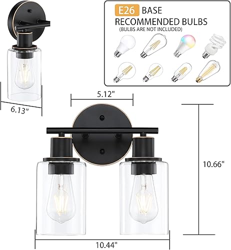 Miniatura 3 de Pia Ricco Lámparas de tocador de baño, 2 luces de pared de baño con pantallas de vidrio transparente, aplique de pared moderno de bronce aceitado