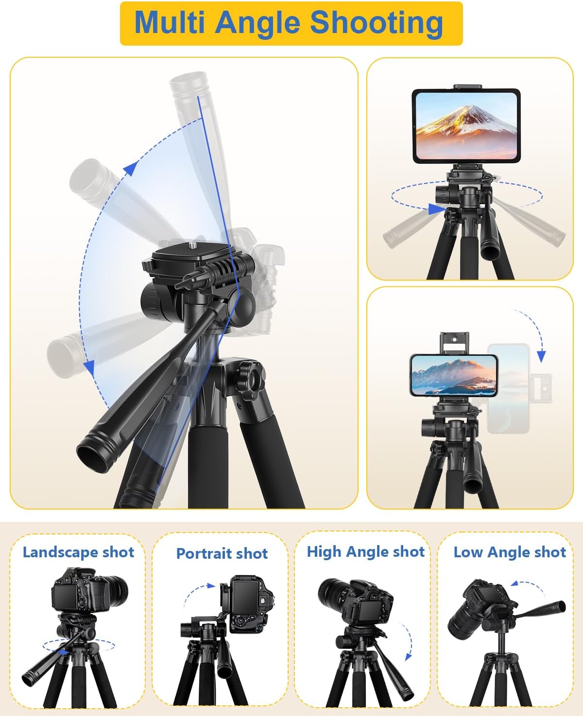 JOILCAN 67" Phone iPad Tripod, Professional Camera Tripod Stand for Tablet iPhone with 2-in-1 Holder & Carry Bag, Extendable Travel Tripod for Cellphone Camera Video Recording Live Vlog (Orange)