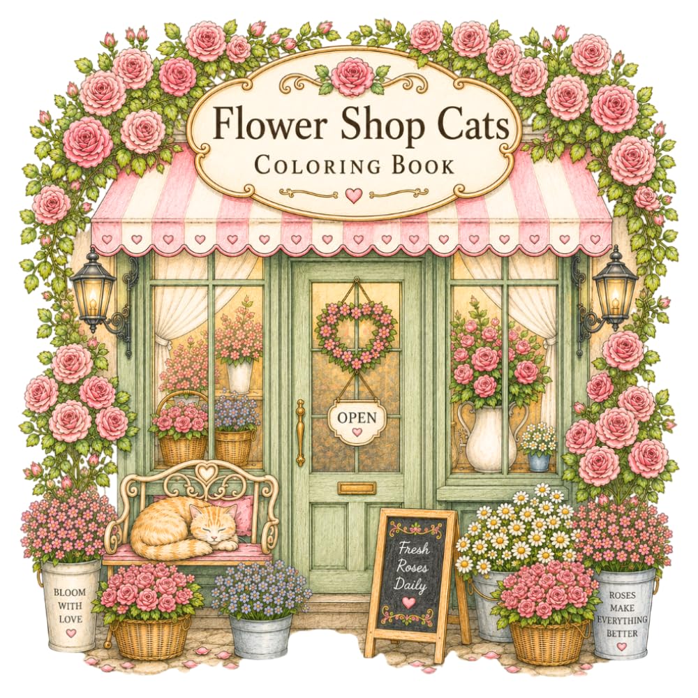 Flower Shop Cats: A Cozy Coloring Book of Charming Storefronts, Beautiful Blooms, and Adorable Cats