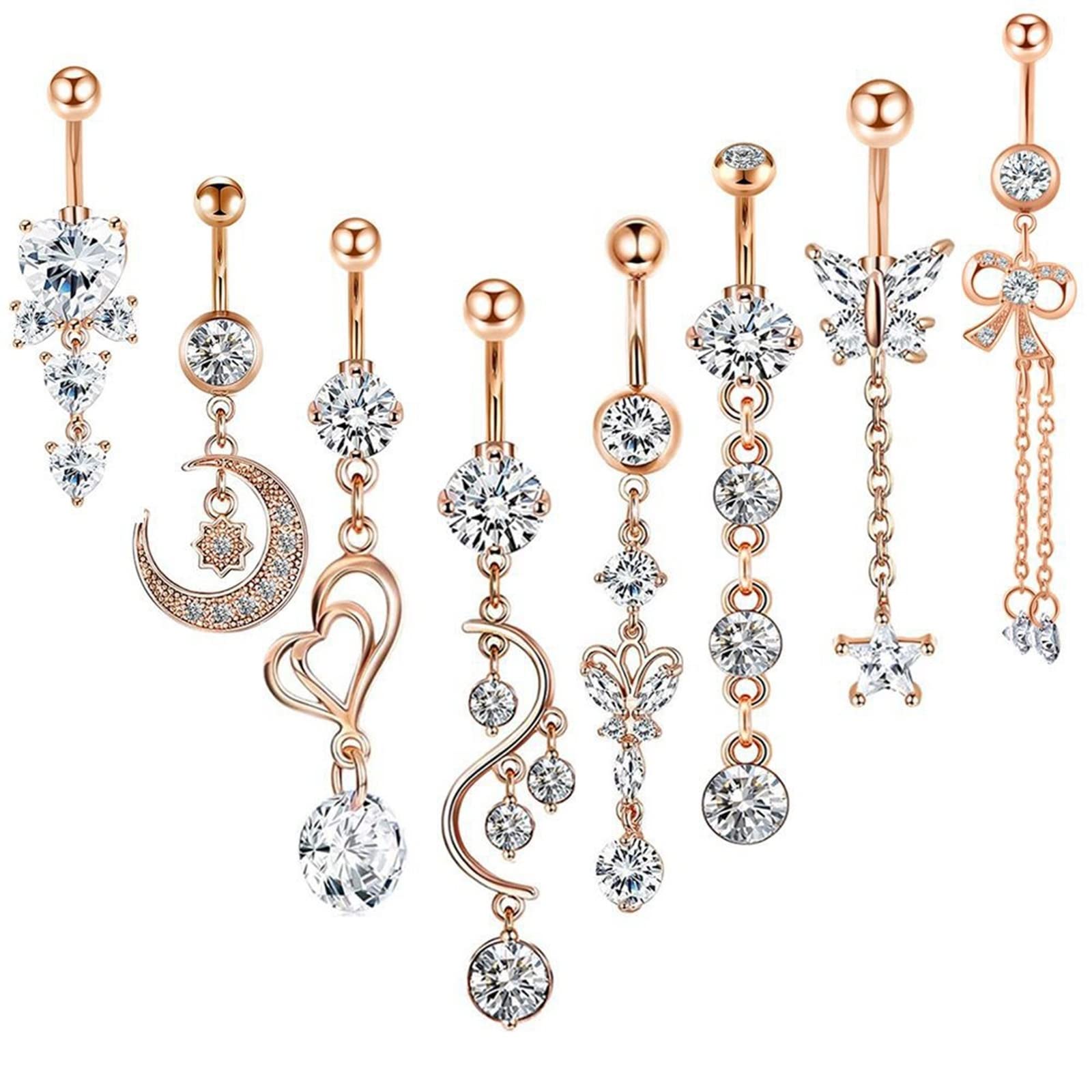 Bauchnabel Piercing, Bauchnabelpiercing Glitzer Edelstahl 10 Stück 14G Bauchnabelpiercing Damen Weiß Rund Zirkonia Herz Mond Sonne Design