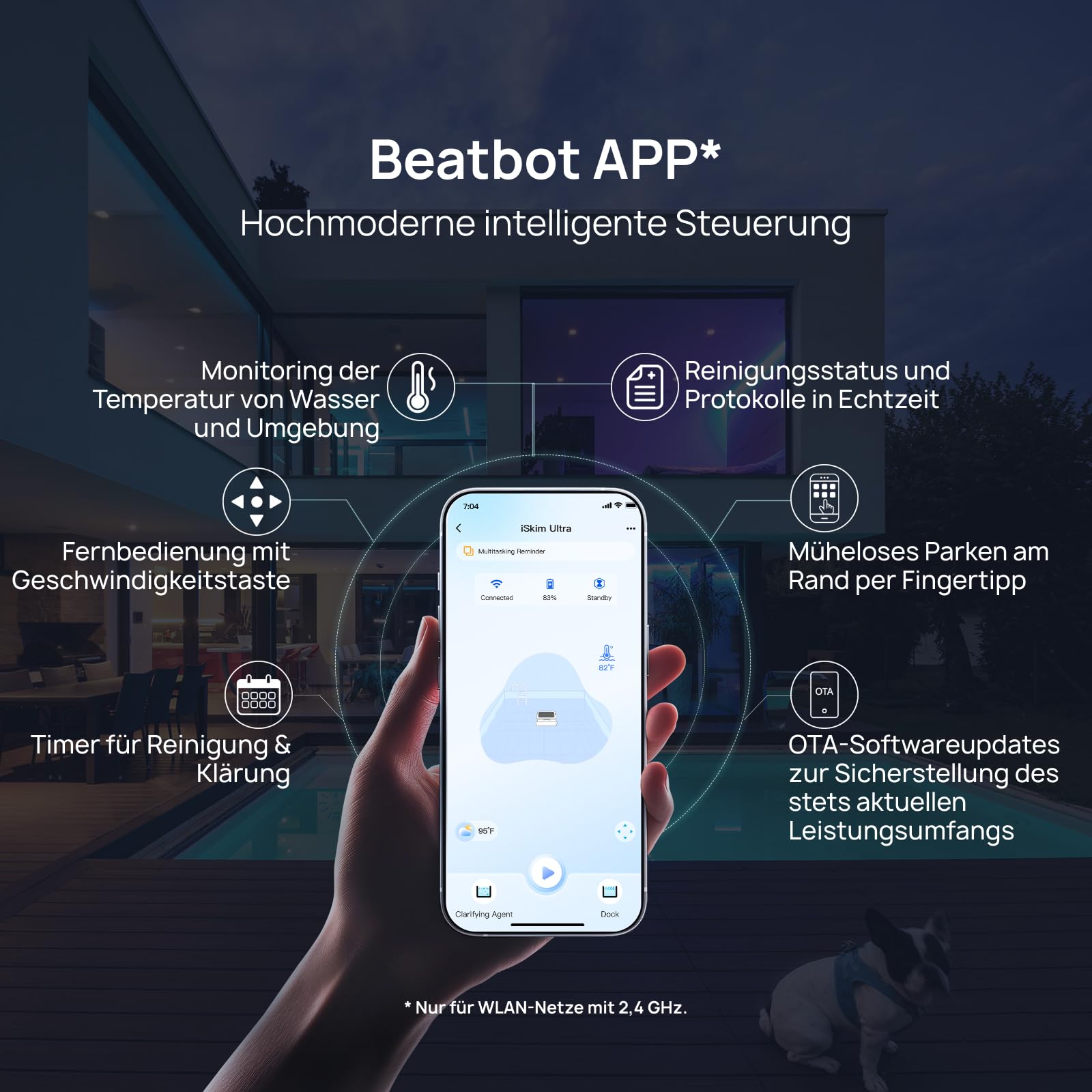 Beatbot iSkim Ultra solarbetriebener Roboter, Poolskimmer für Oberfläche | Dual-Ladeoptionen, Wasserklärung, Rand- und Eckenreinigung, Steuerung per App, Ice Blue