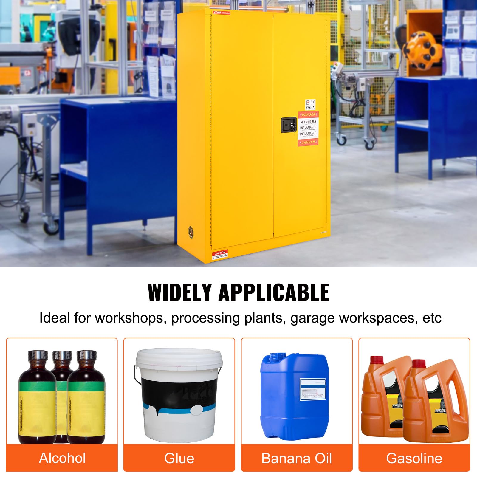 VEVOR Sicherheitsschrank für Brennbare Flüssigkeiten, 45 Gal, Lagerschrank für Brennbare Flüssigkeiten aus Kaltgewalztem Stahl, 1090 x 460 x 1655 mm, Explosionsgeschützt, mit 2 Verstellbaren Regale