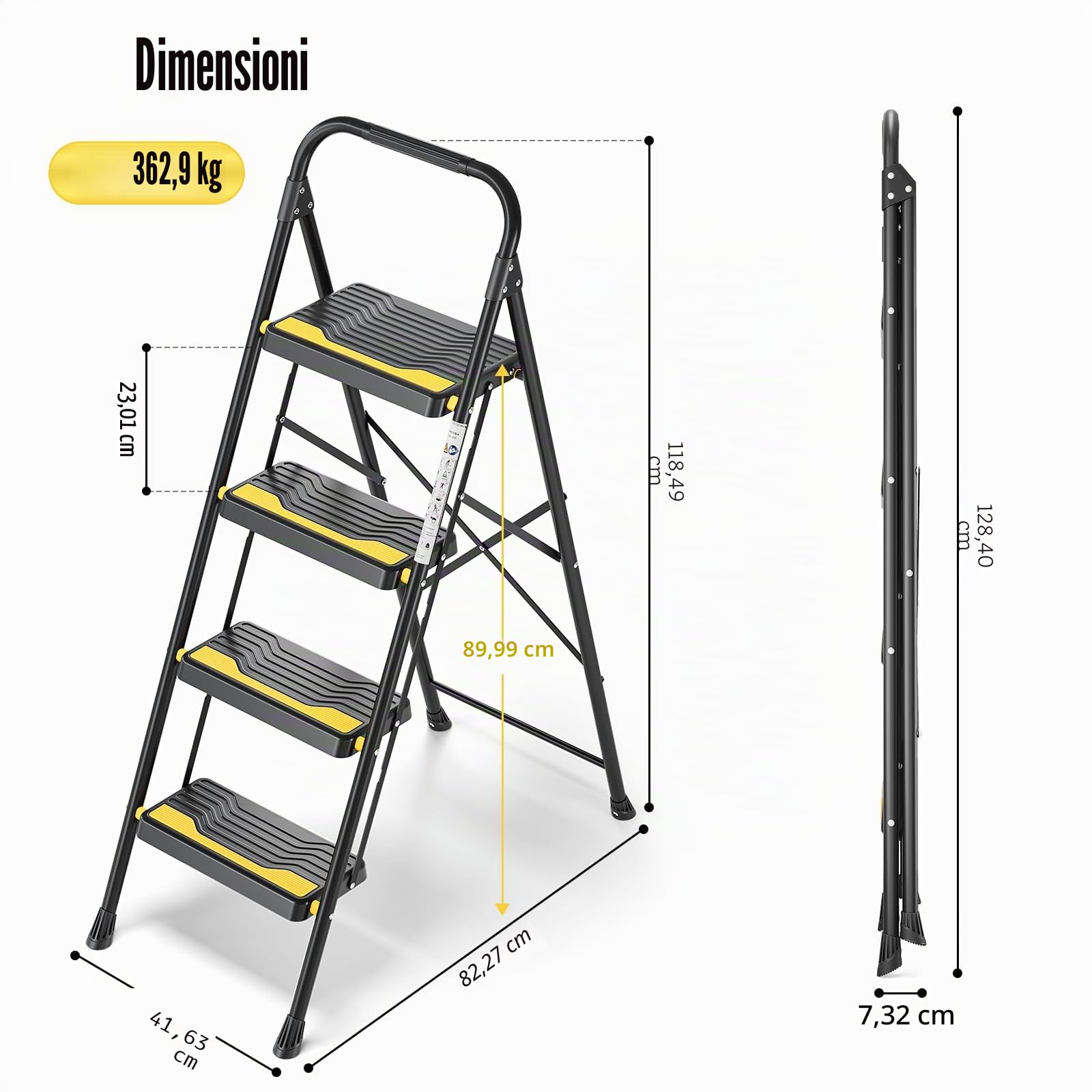 Urackify Scala a 4 gradini, resistente capacità di 150 kg, ampi gradini antiscivolo e corrimano sicuro, compatto, pieghevole, design portatile per casa, cucina, ufficio, dispensa, armadio, nero