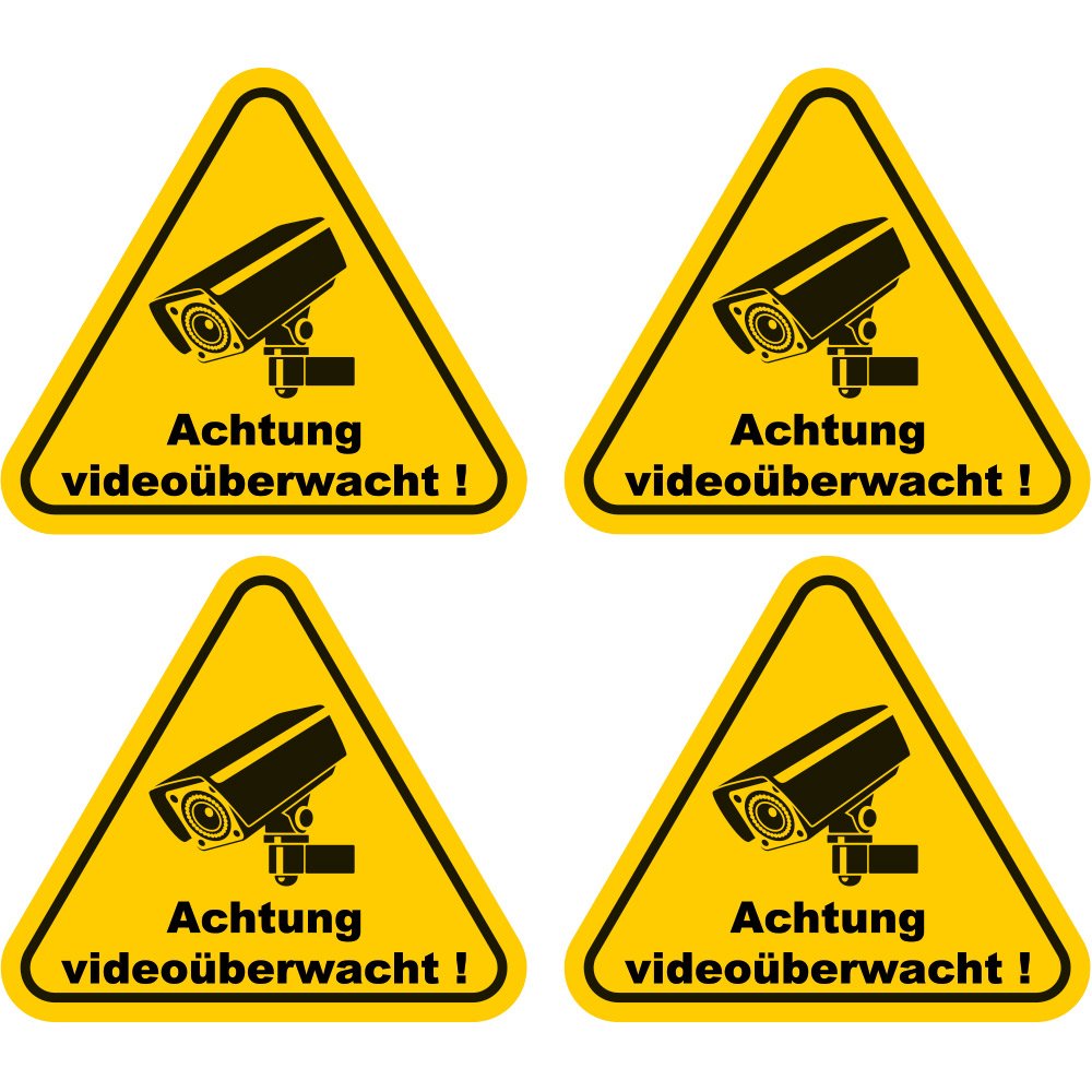 4 Stück Aufkleber 'Achtung Videoüberwachung' – 10x9 Cm, Gelb, Wetterfest, Selbstklebend