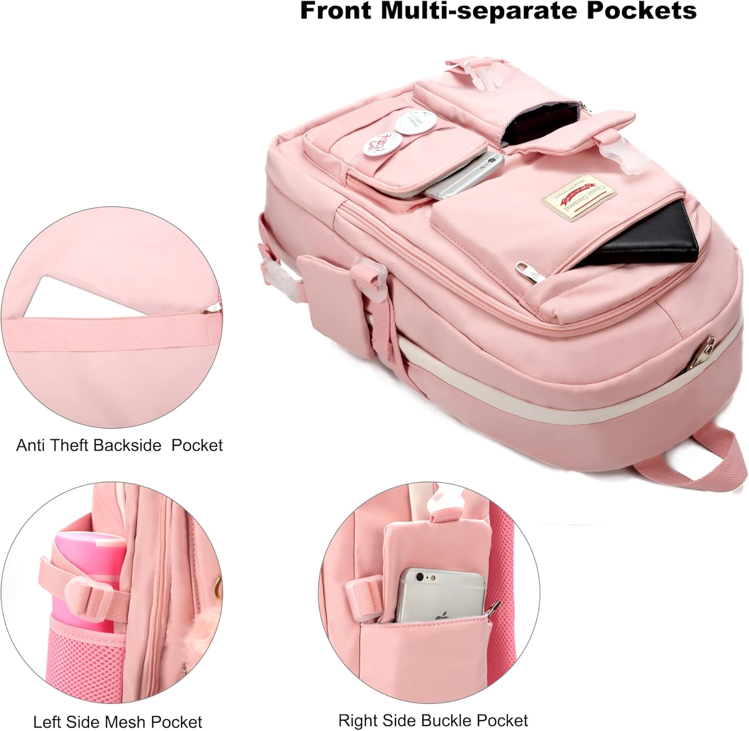 Hidds School Backpack for Teen Girls Women College Laptop Backpacks Kids Cute Bookbag Set with Lunch Box Pencil Case Elementary Middle High Campus Bag 3 Pcs Students Bookbags Sets Travel Daypack-Pink - Image 5
