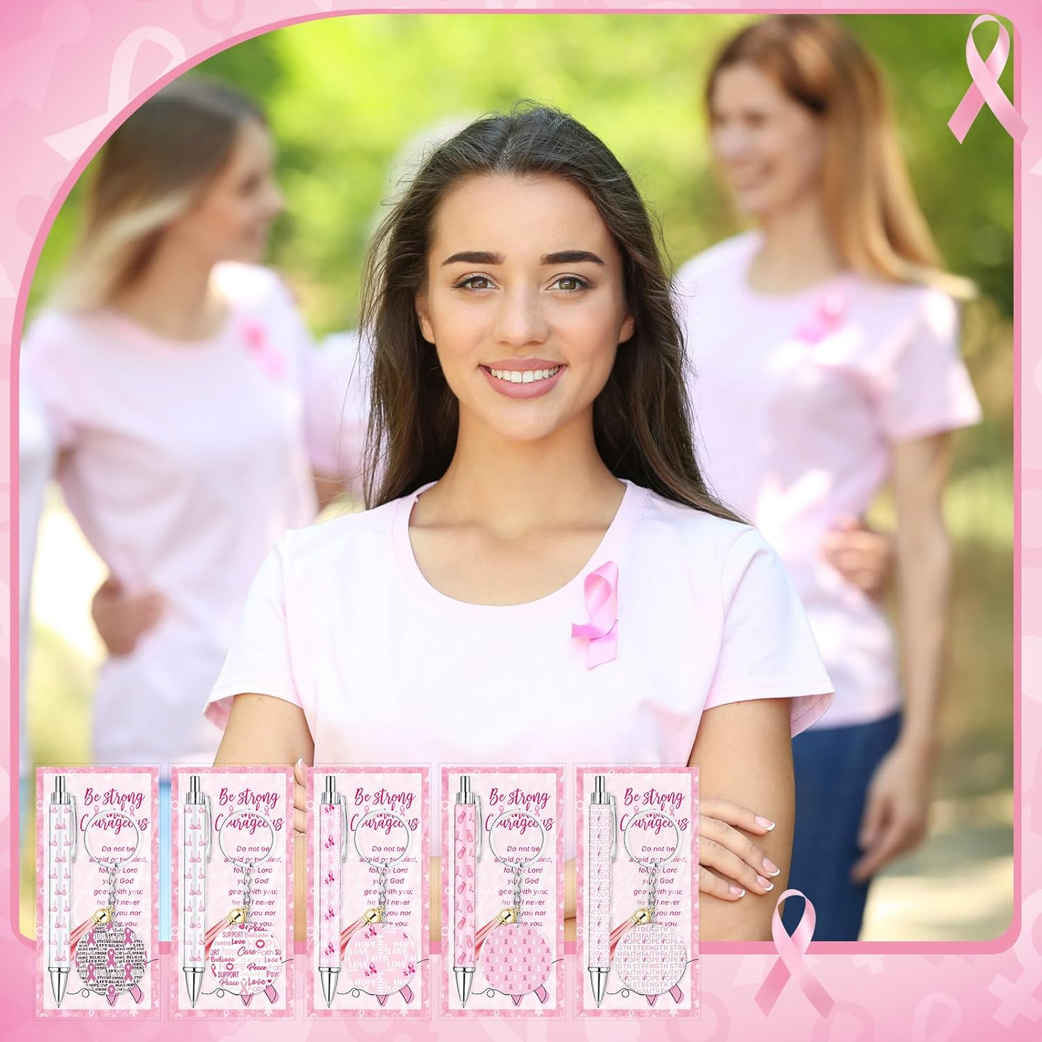 Chiisong 40 Set Breast Cancer Awareness Gifts Bulk Pink Ribbon Pen Keychain Breast Cancer Items for Women Survivor Charity