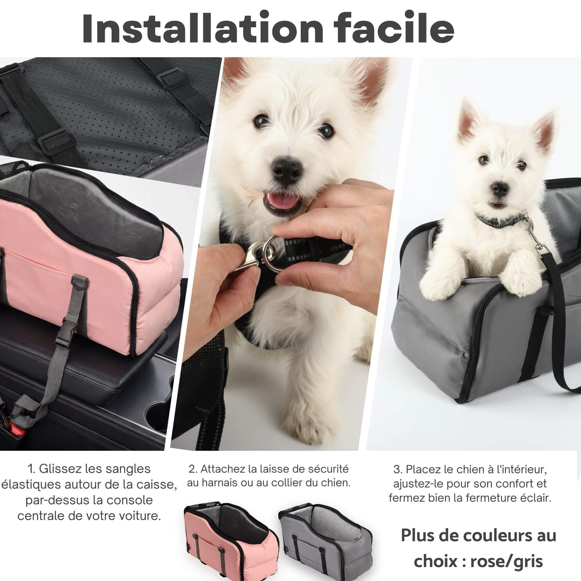 Solday Siège Auto Chat Chien Voiture 3-en-1, Panier Petit avec Laisse Sécurité & Sangles Réglables, Sac Transport Console Centrale Pliable pour Petits Chiens Chats ≤6KG, Gris