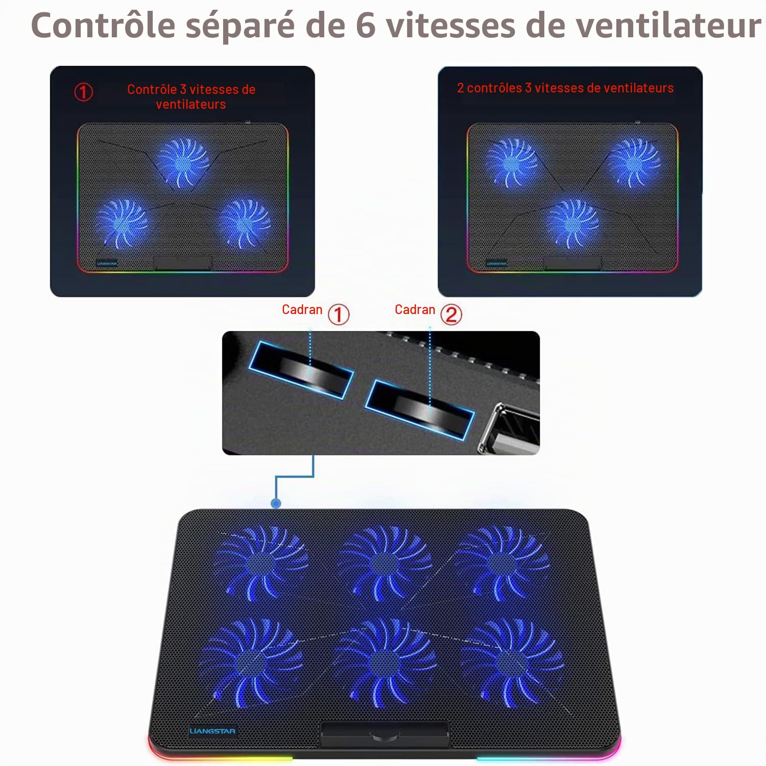 LIANGSTAR Refroidisseur PC pour Ordinateur Portable,10 éclairage RGB Les Modes & 7 Hauteur Réglable, 2 Lndépendant La Vitesse Contrôler, Parfait pour Ordinateur Portable 12-17 Pouces