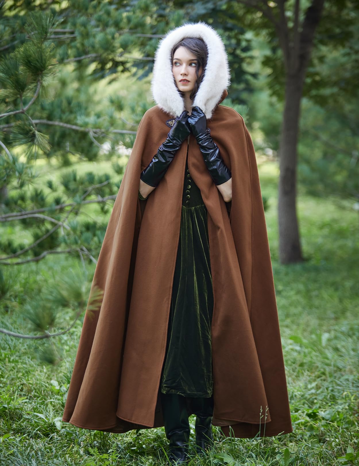 BEAUTELICATE Women Hooded Cape Coat Long Wool Cloak with Hood Vintage Overcoat Plus Size for Winter Wedding Bride Medieval Halloween Christmas Cosplay Costume 140cm - Image 4